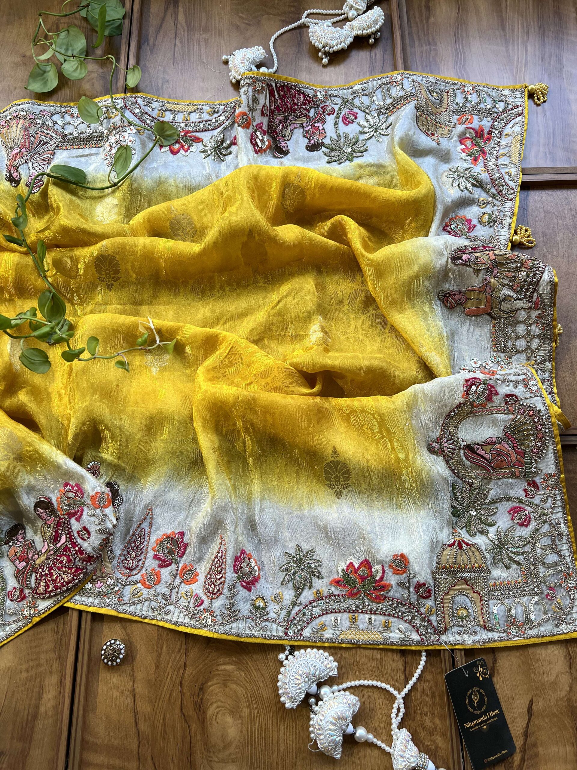 Canary Yellow Ivory Ombre Jacquard Saree with 3D Wedding Artwork - Image 5