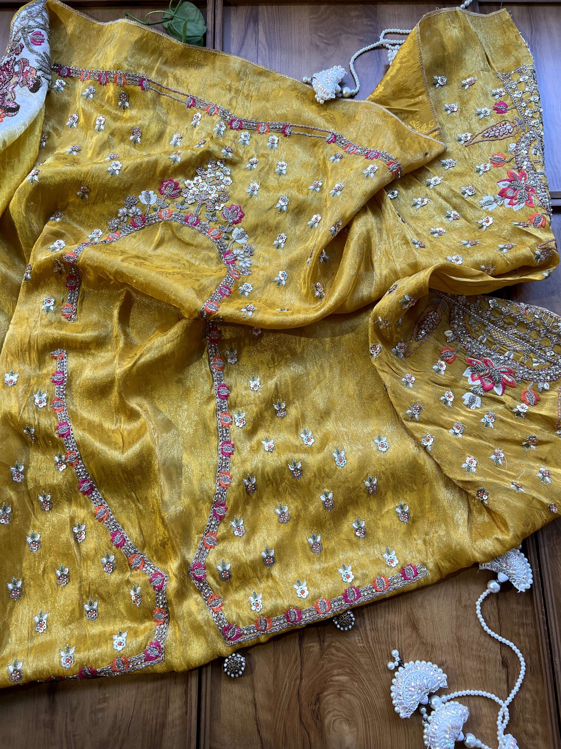 Canary Yellow Ivory Ombre Jacquard Saree with 3D Wedding Artwork - Image 6