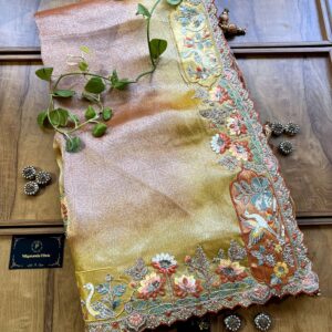 Orange Lemon Ombre Tissue Silk Saree with 3D Birds Landscape Artwork