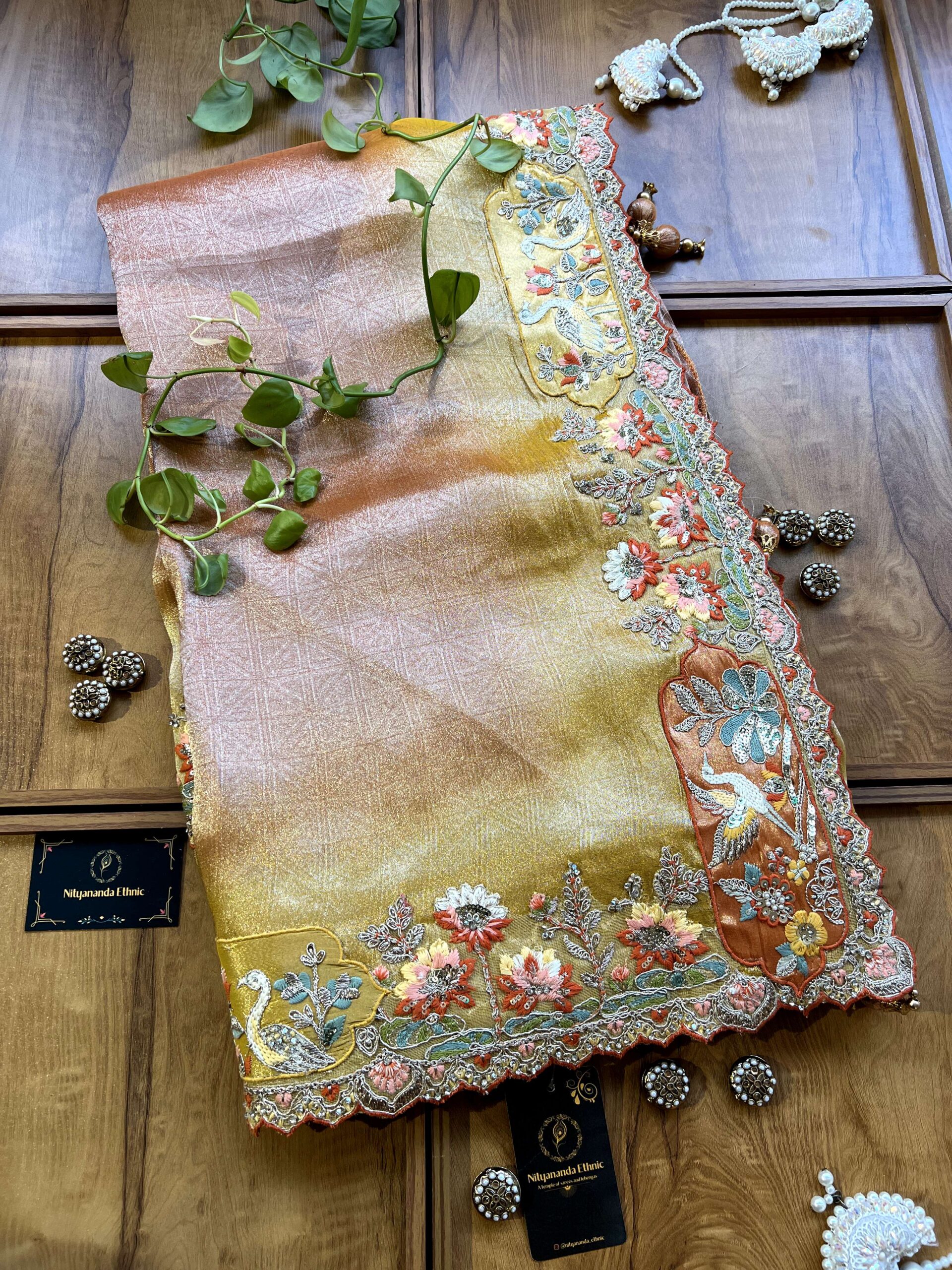 Orange Lemon Ombre Tissue Silk Saree with 3D Birds Landscape Artwork
