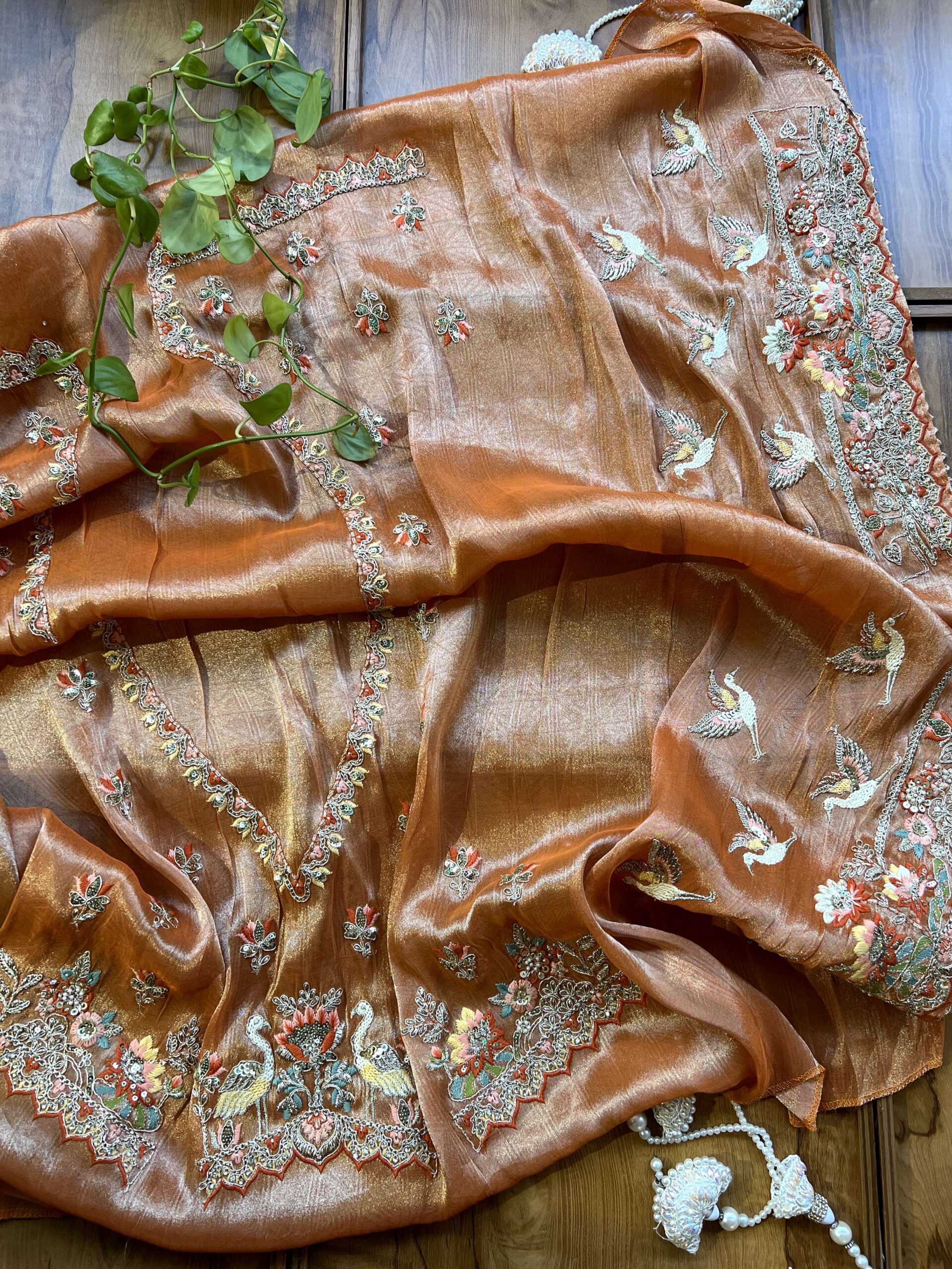 Orange Lemon Ombre Tissue Silk Saree with 3D Birds Landscape Artwork - Image 5