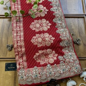 Ruby Red Bandhani Georgette Khaddi Saree with Heavy Hand Embroidered Border