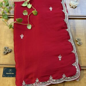 Red Satin Silk Karwa Chauth Handwork Mirror Border Saree