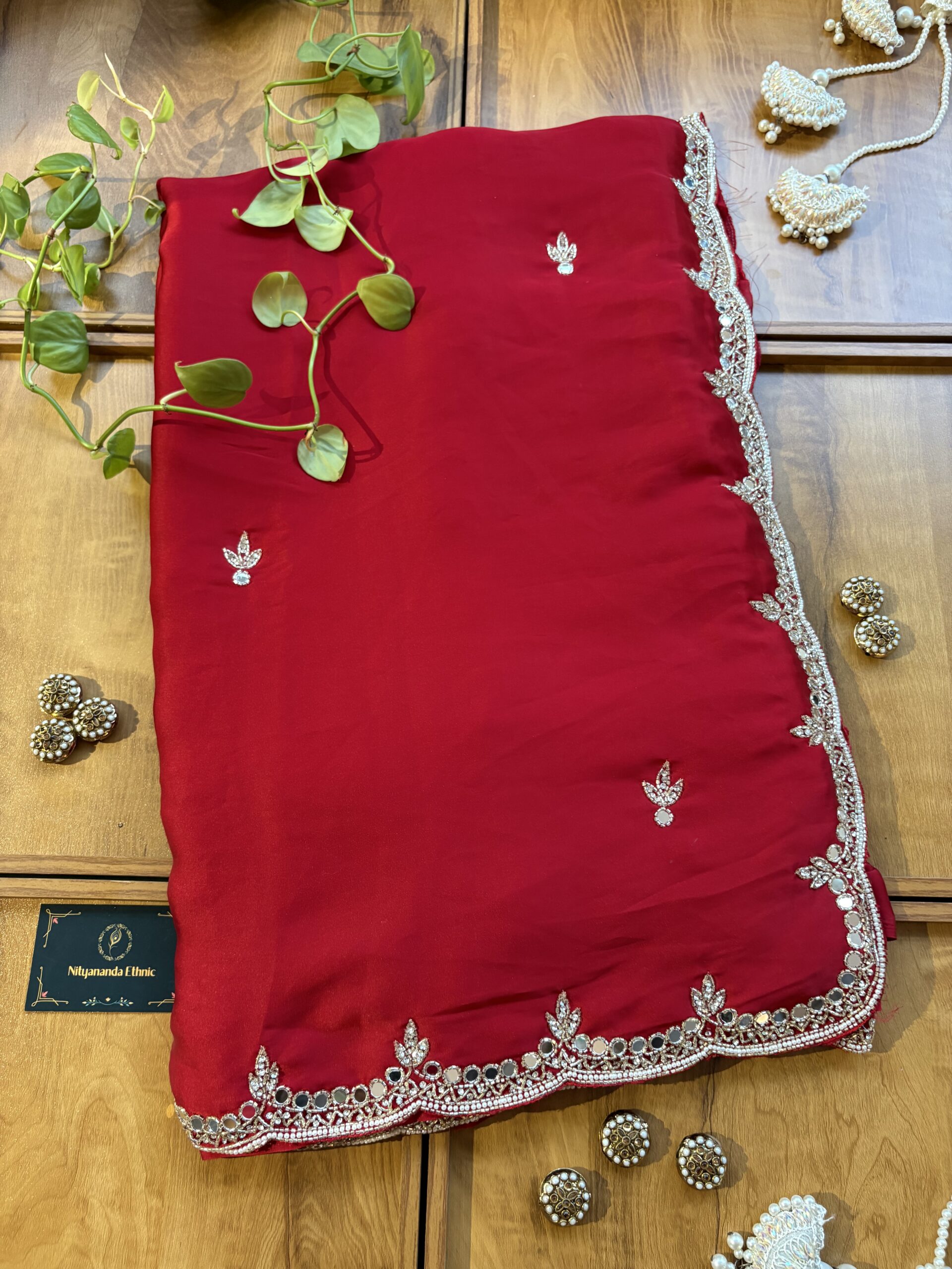 Red Satin Silk Karwa Chauth Handwork Mirror Border Saree