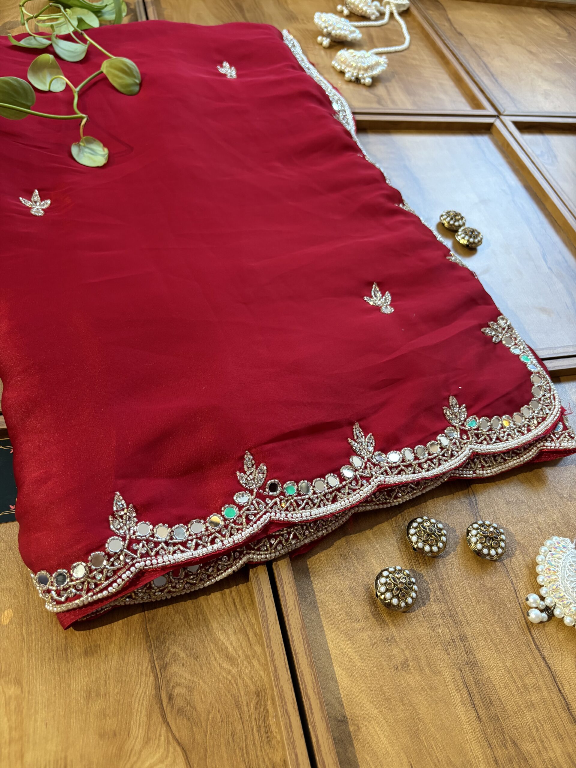 Red Satin Silk Karwa Chauth Handwork Mirror Border Saree - Image 2
