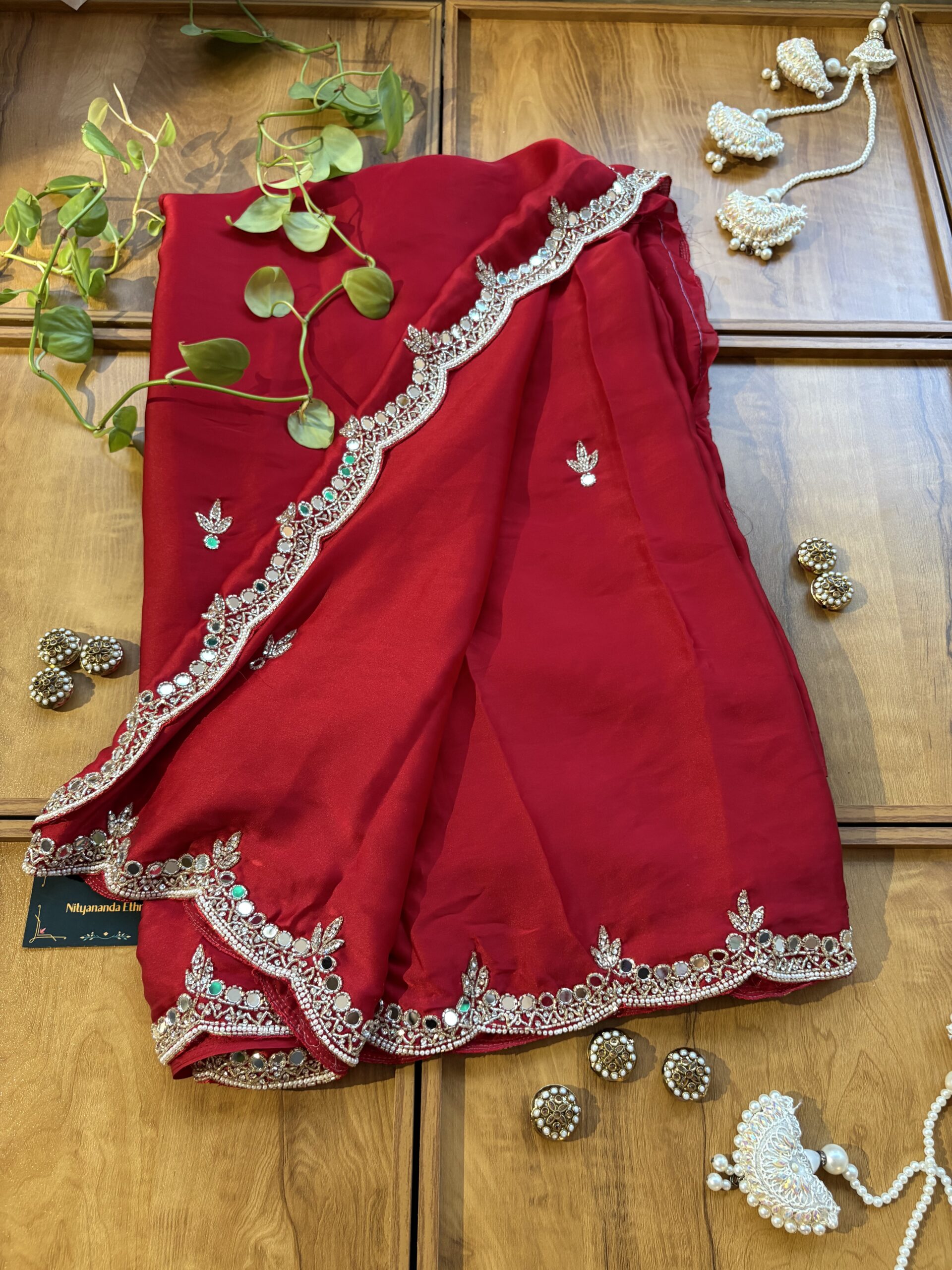 Red Satin Silk Karwa Chauth Handwork Mirror Border Saree - Image 3