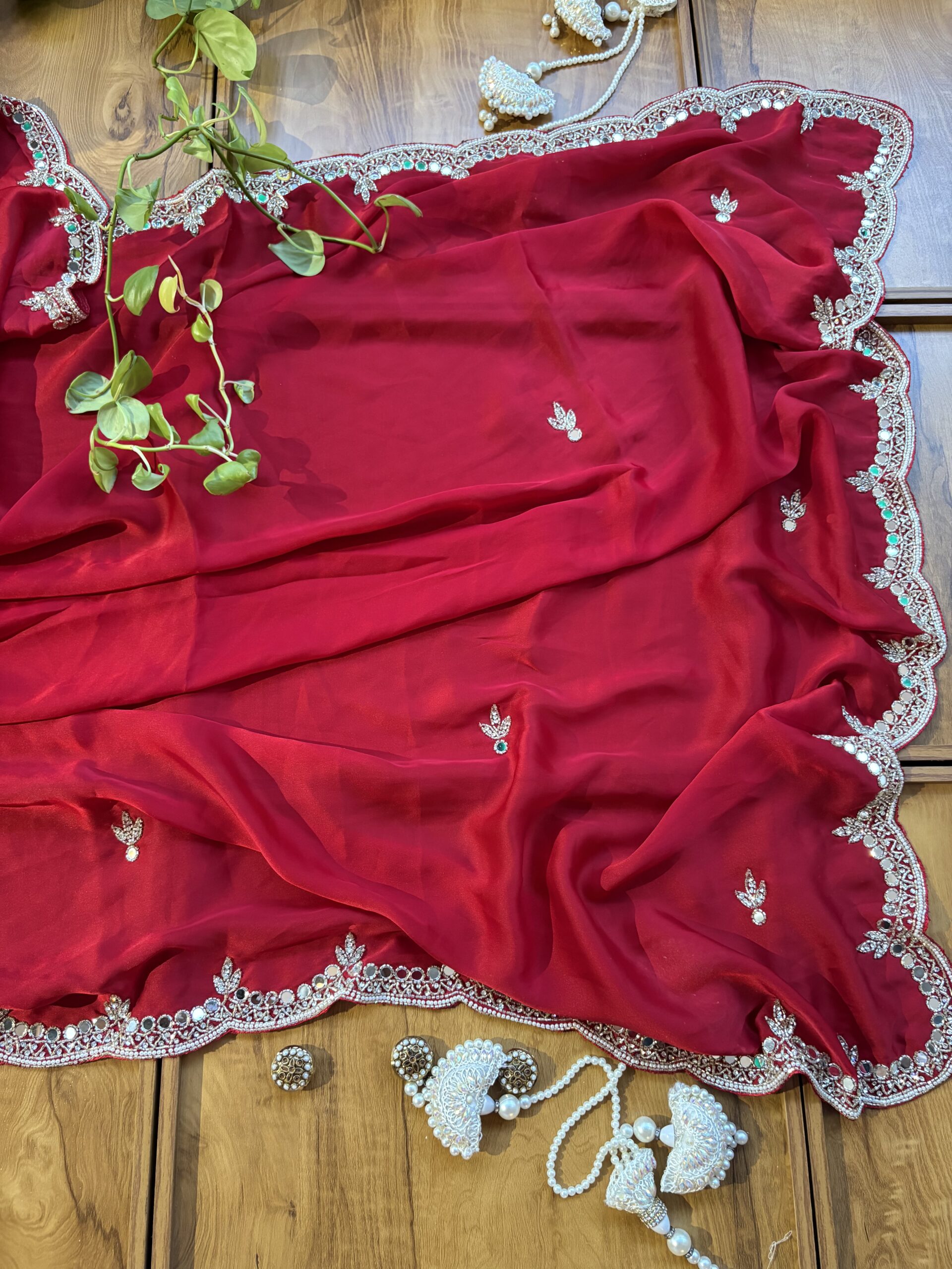 Red Satin Silk Karwa Chauth Handwork Mirror Border Saree - Image 4