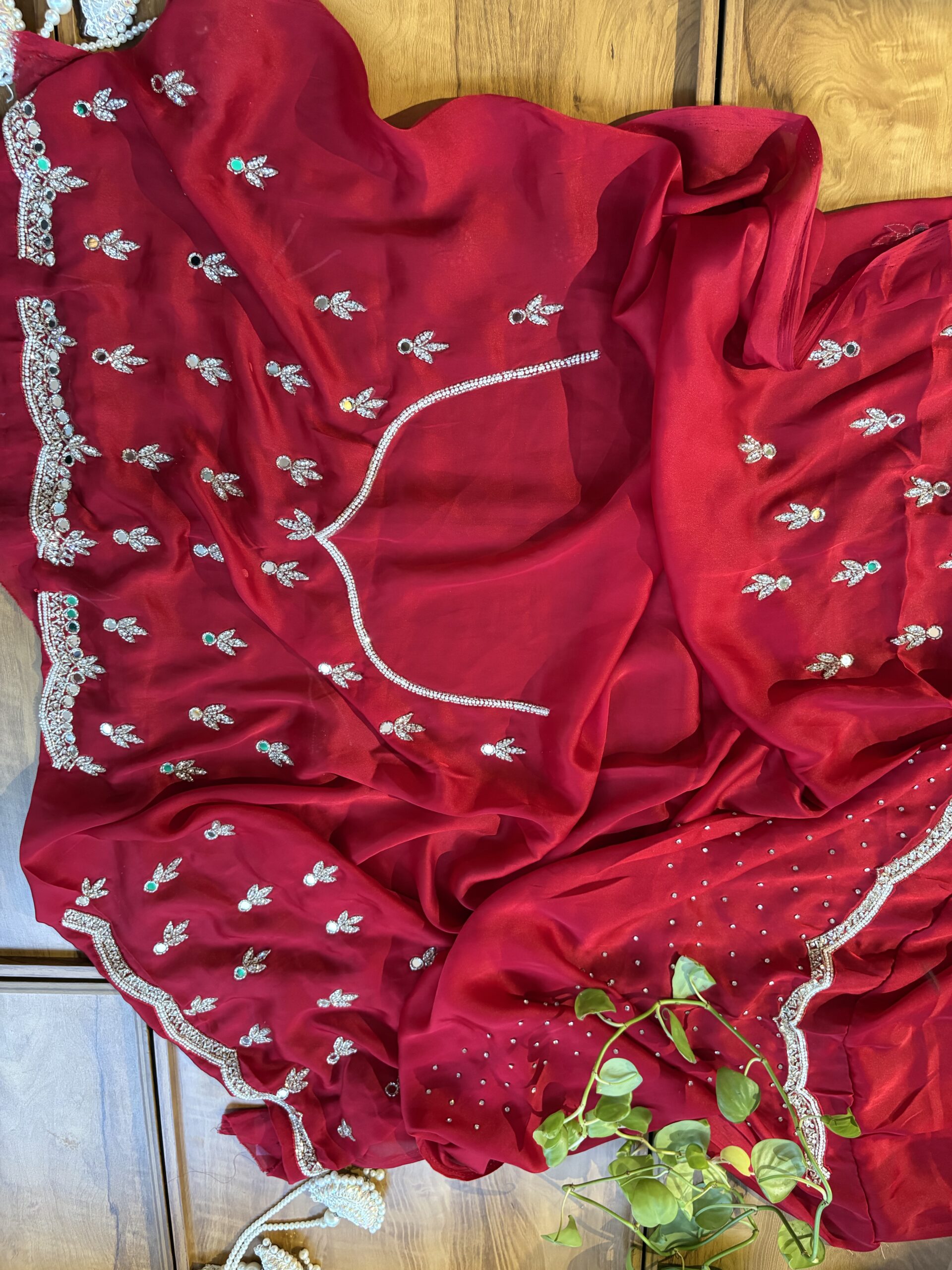 Red Satin Silk Karwa Chauth Handwork Mirror Border Saree - Image 5