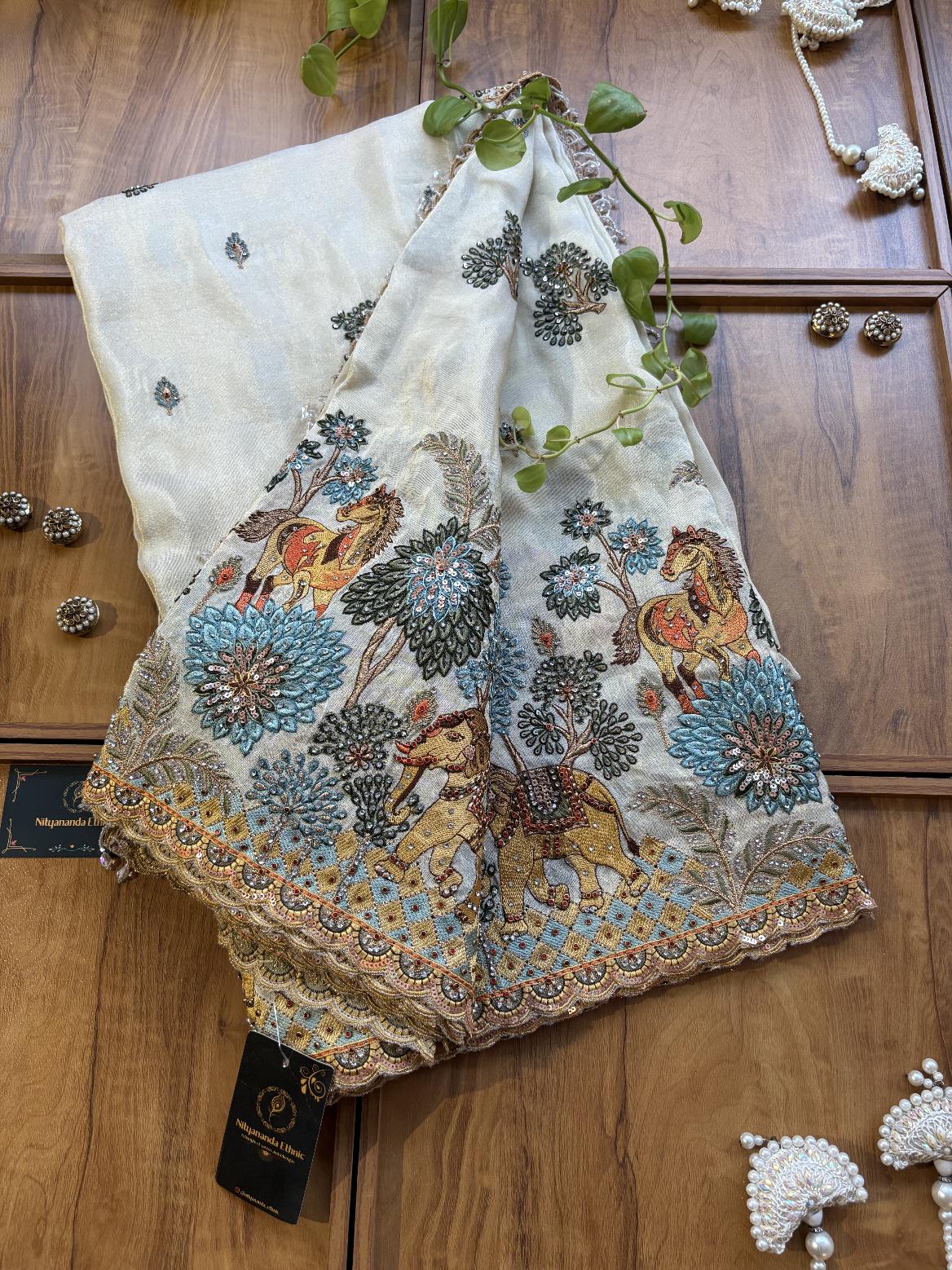 Ivory Gold Cosmos Silk Hathi Ghoda Saree with Scenic Artwork & Stitched Blouse - Image 4
