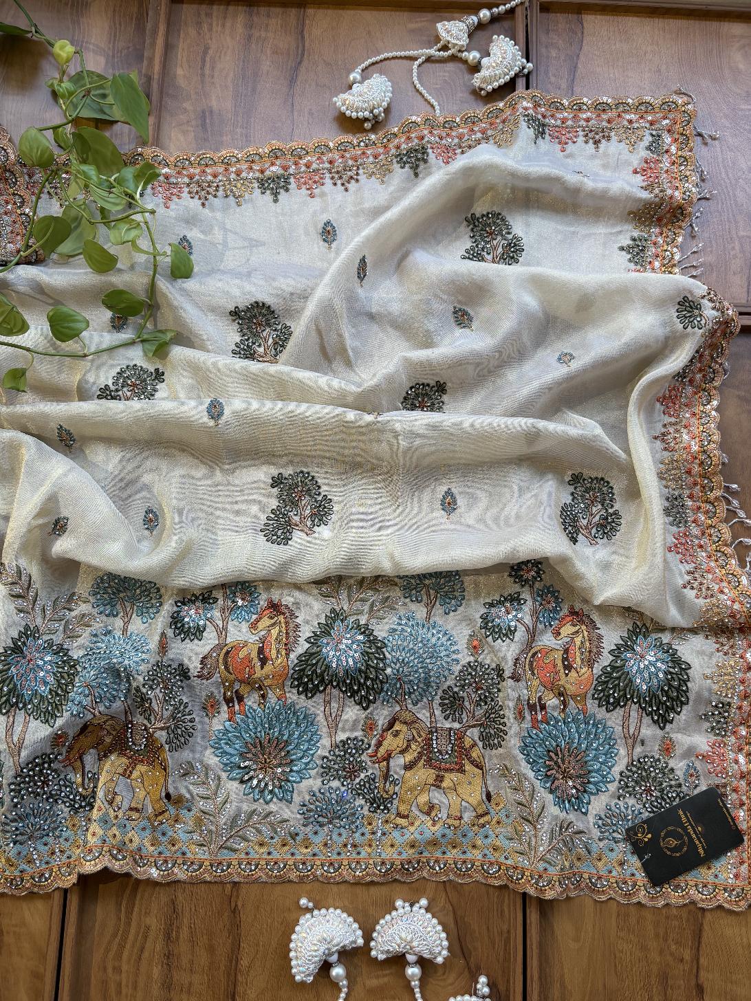 Ivory Gold Cosmos Silk Hathi Ghoda Saree with Scenic Artwork & Stitched Blouse - Image 5