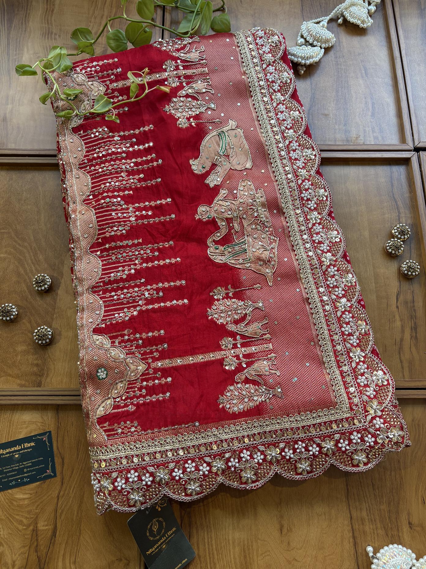 Red HO Silk Khaddi & Hand Embroidered Vivah Saree with Heavy Border