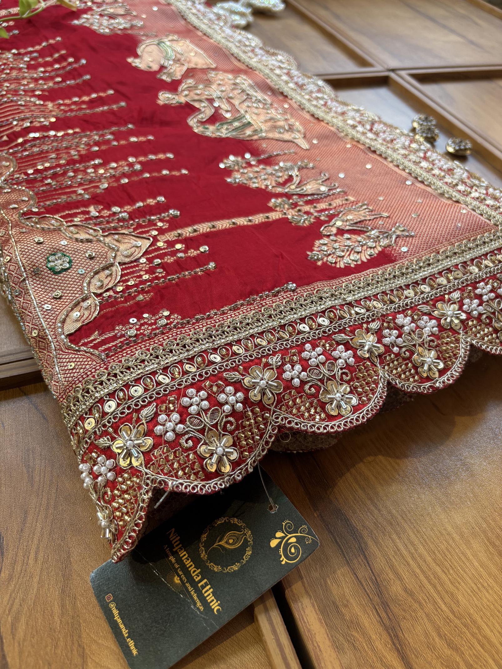 Red HO Silk Khaddi & Hand Embroidered Vivah Saree with Heavy Border - Image 2