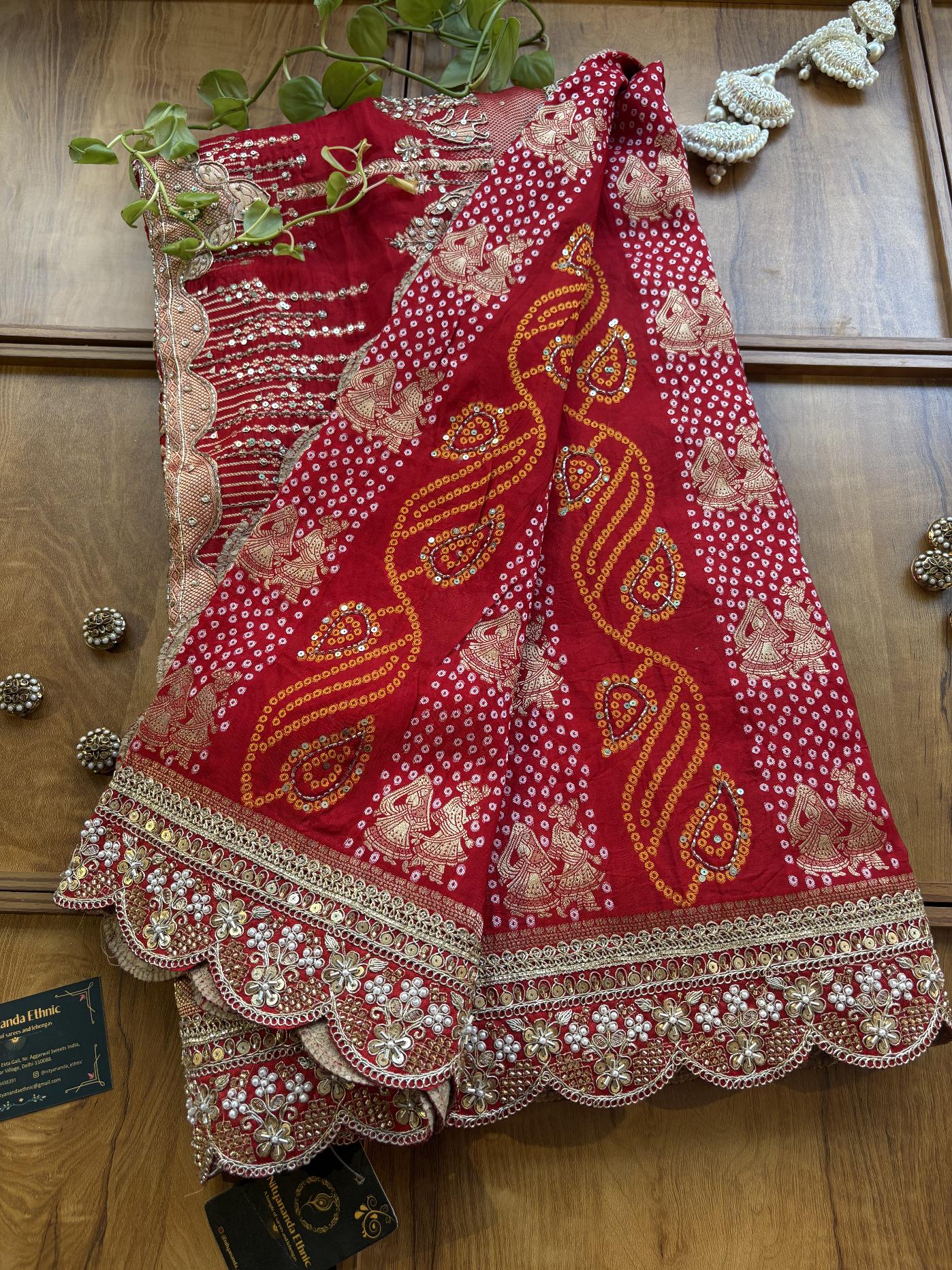 Red HO Silk Khaddi & Hand Embroidered Vivah Saree with Heavy Border - Image 3
