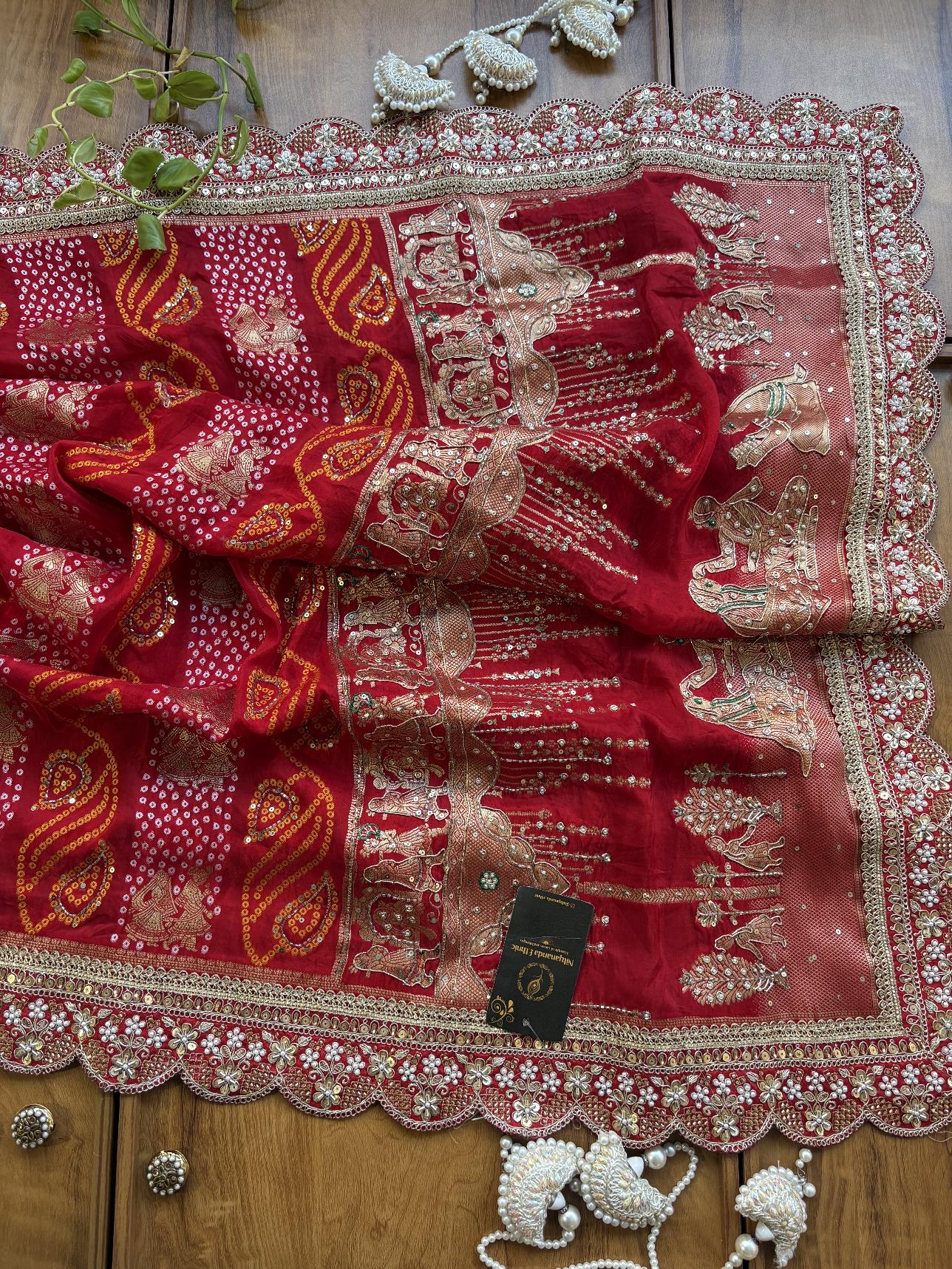 Red HO Silk Khaddi & Hand Embroidered Vivah Saree with Heavy Border - Image 4