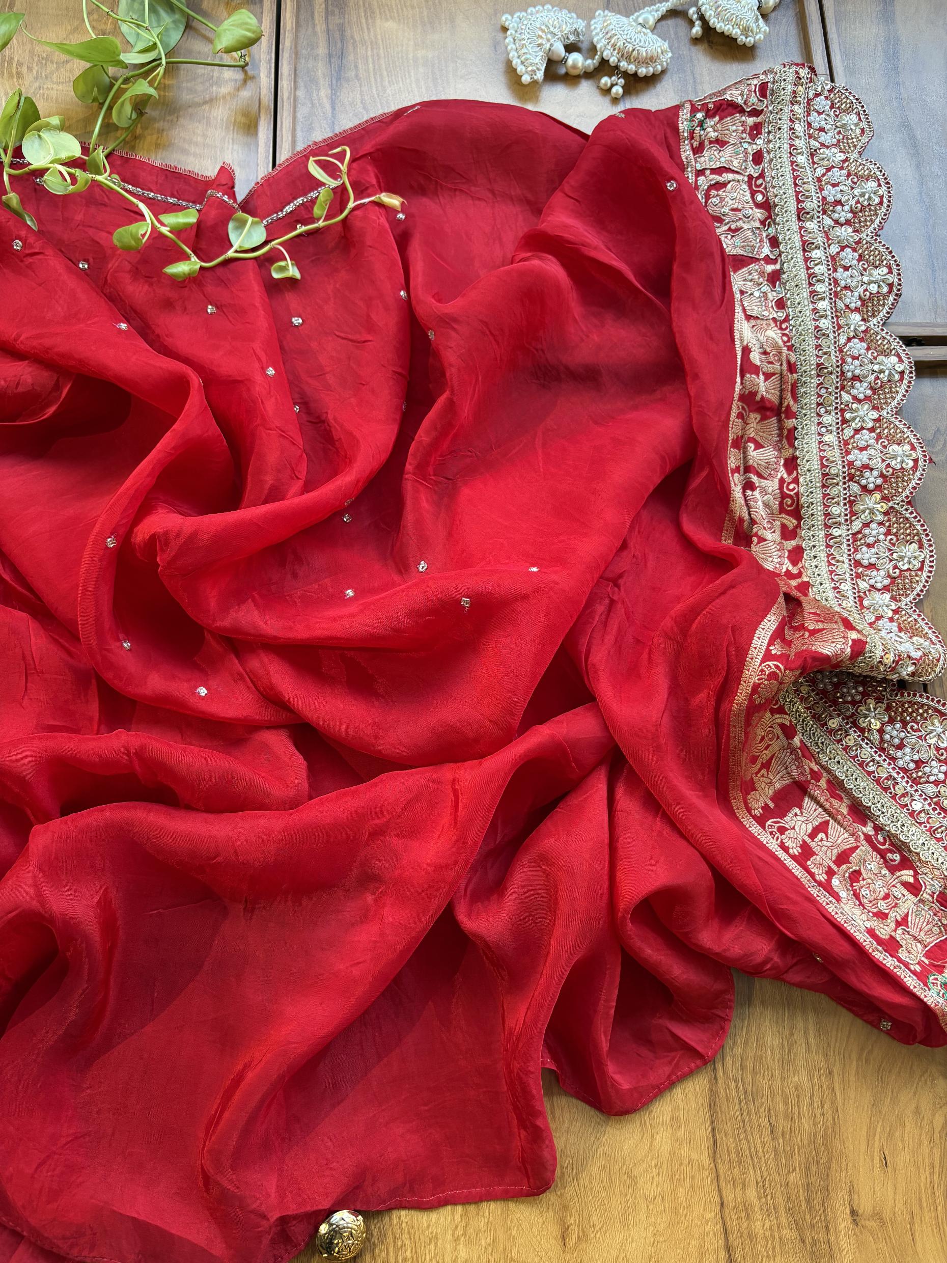 Red HO Silk Khaddi & Hand Embroidered Vivah Saree with Heavy Border - Image 5