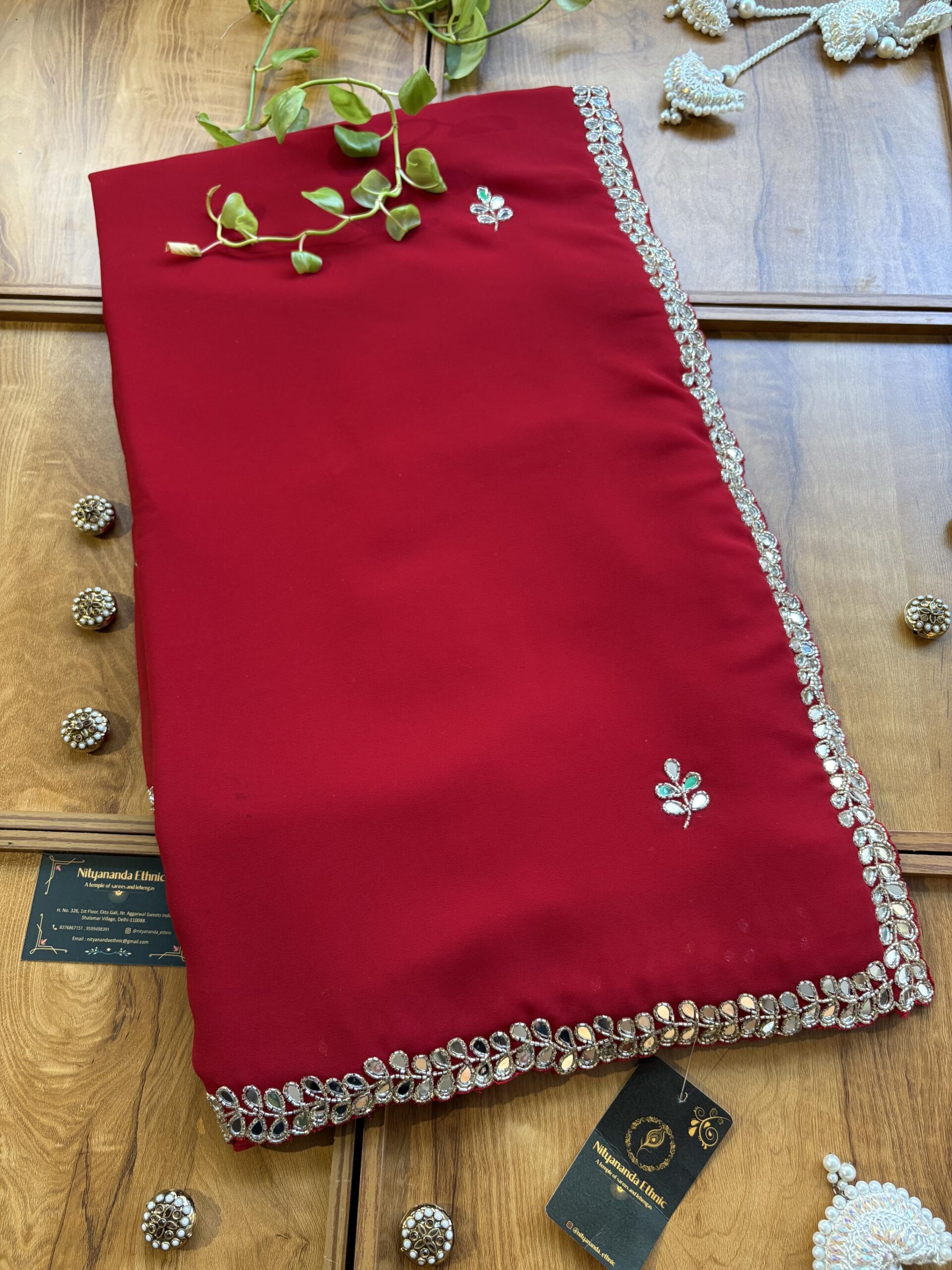 Red Georgette Handwork Mirror Border Saree