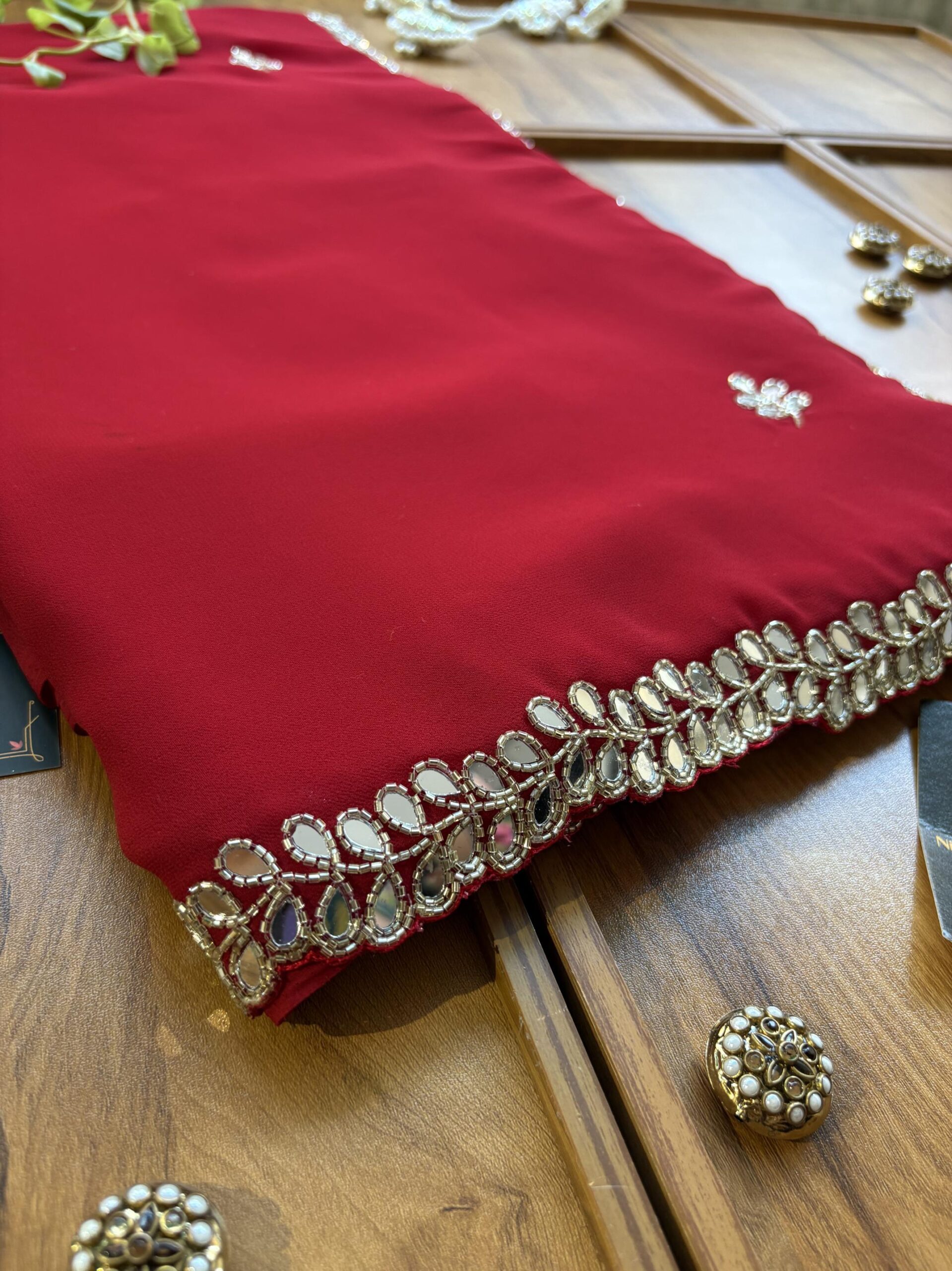 Red Georgette Handwork Mirror Border Saree - Image 2