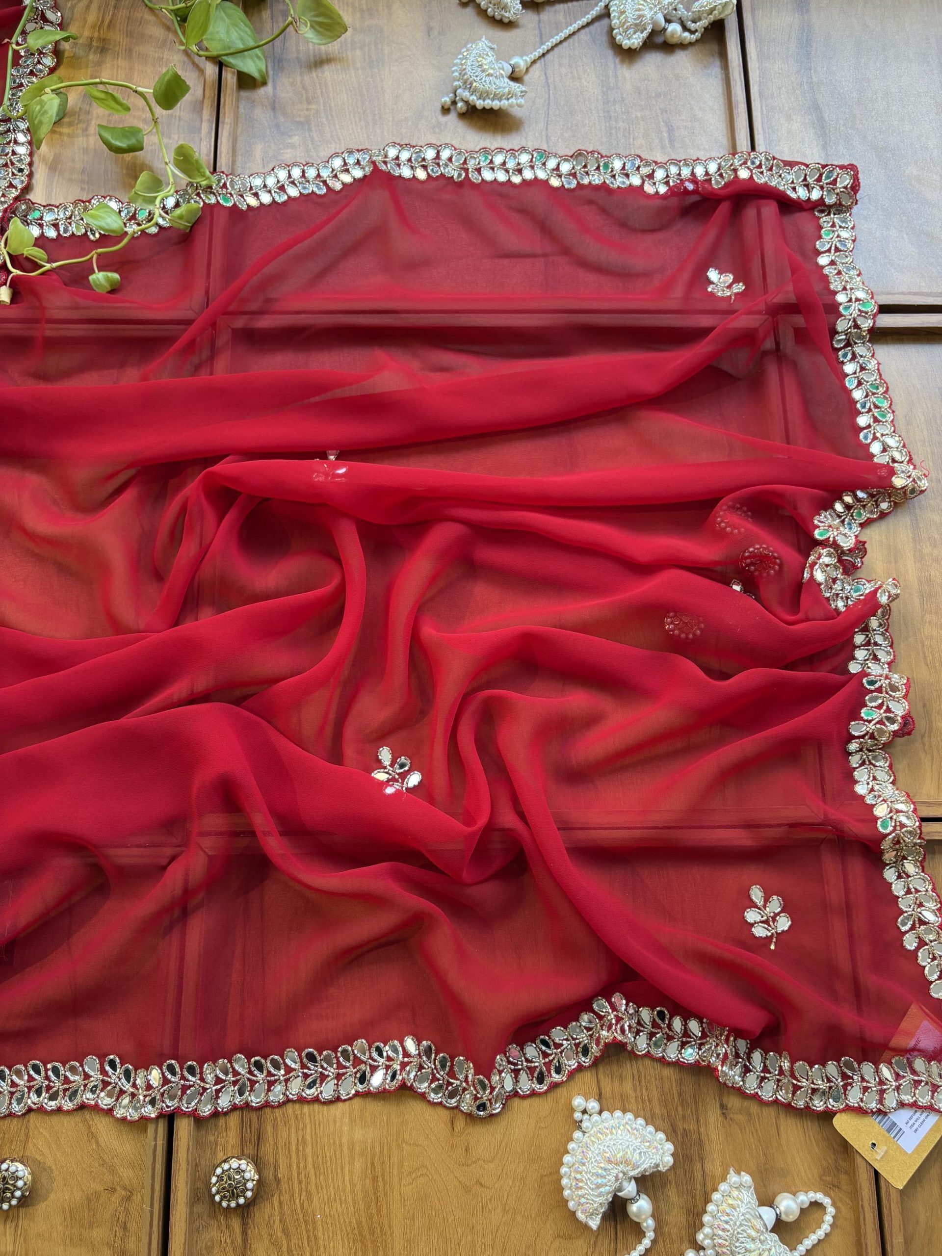 Red Georgette Handwork Mirror Border Saree - Image 4