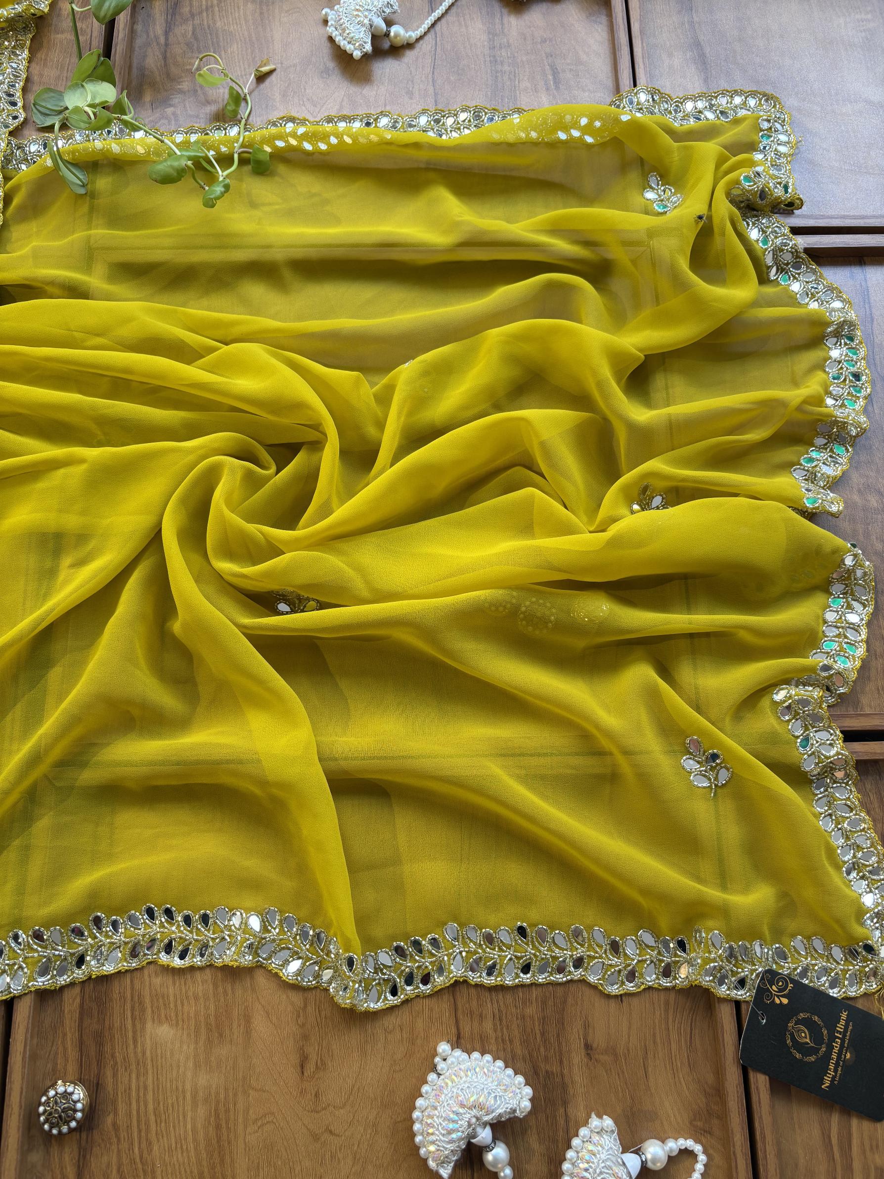 Lime Yellow Georgette Handwork Mirror Border Saree - Image 4