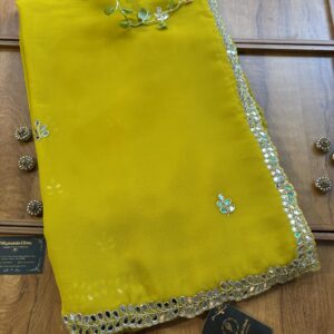Lime Yellow Georgette Handwork Mirror Border Saree