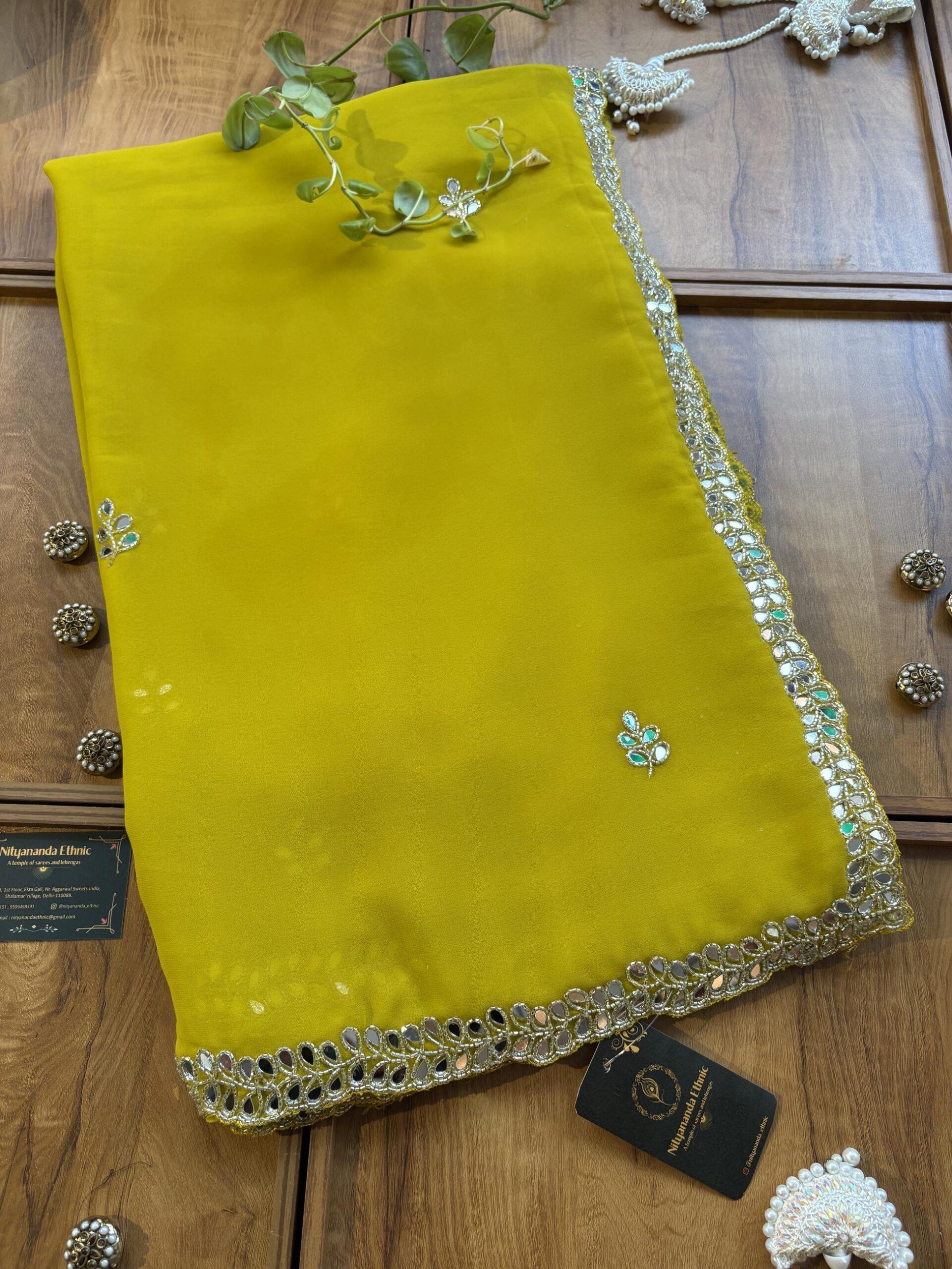 Lime Yellow Georgette Handwork Mirror Border Saree