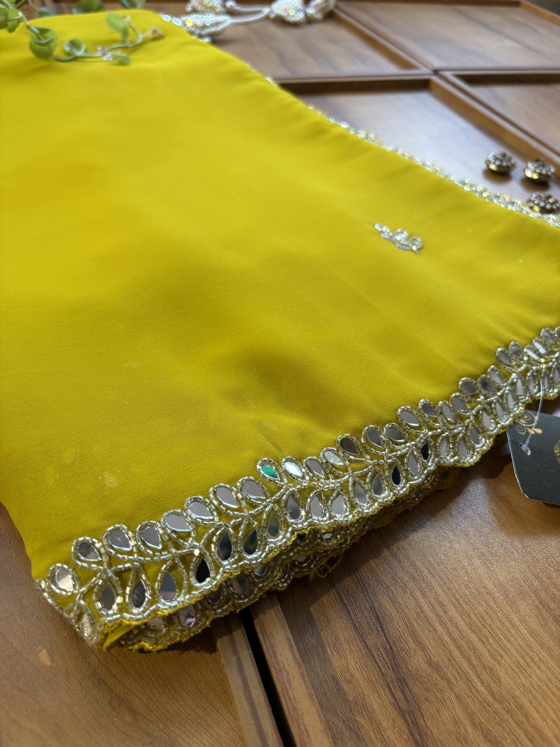 Lime Yellow Georgette Handwork Mirror Border Saree - Image 2