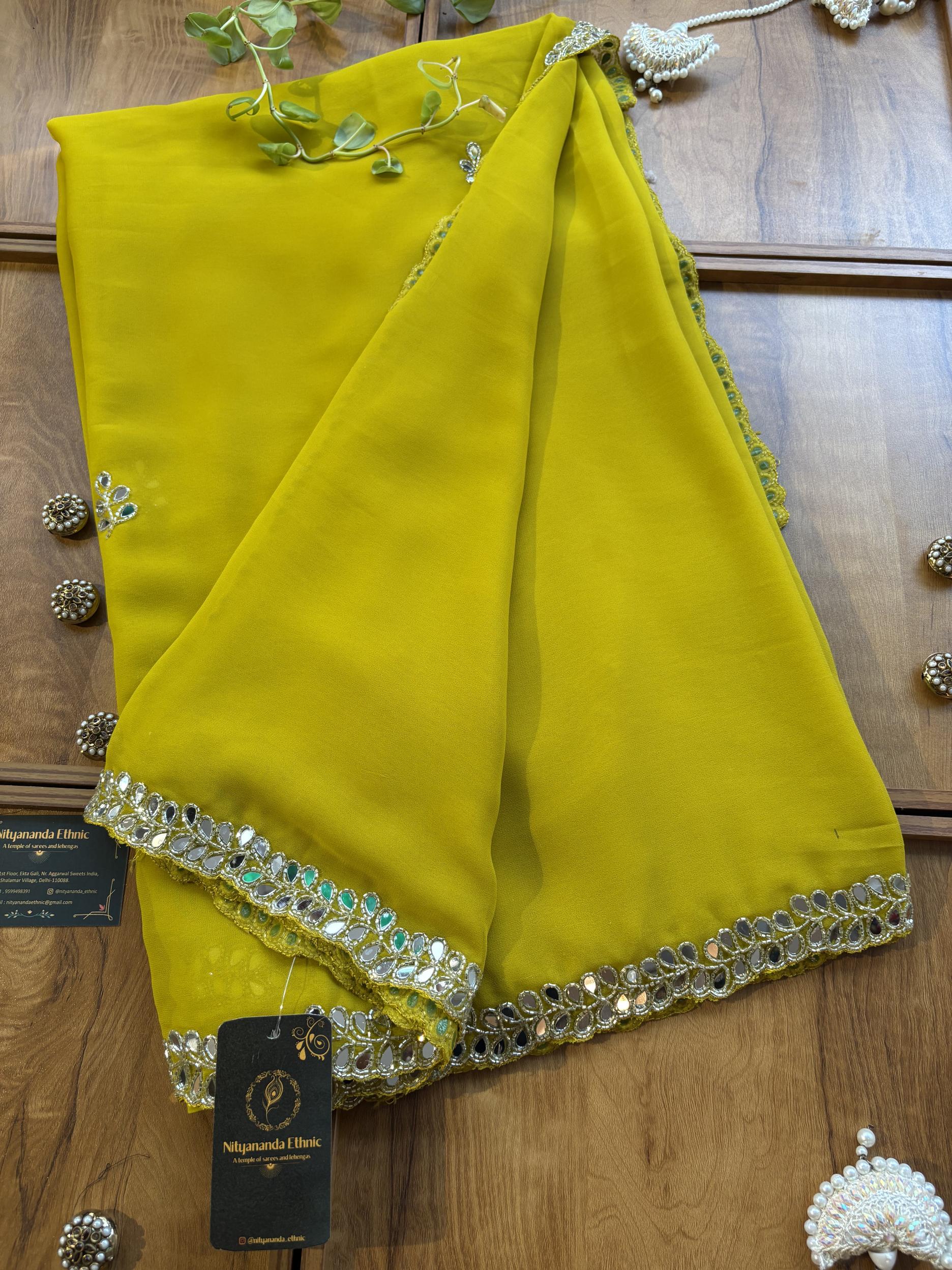 Lime Yellow Georgette Handwork Mirror Border Saree - Image 3