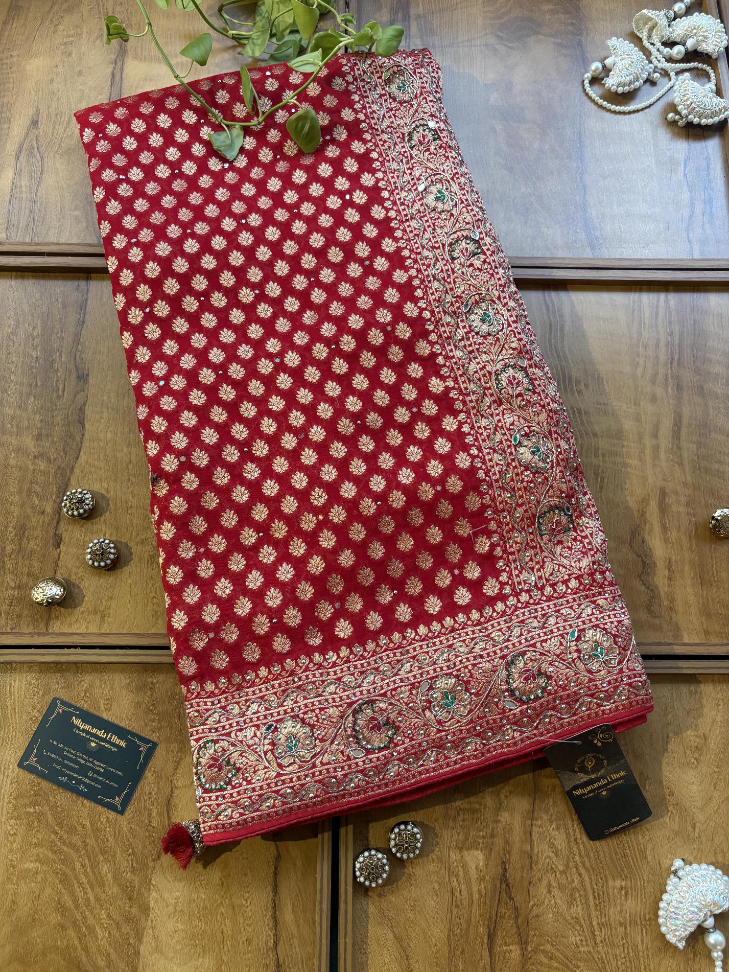 Red Khaddi Georgette Heavy Aanchal Bridal Handwork Saree