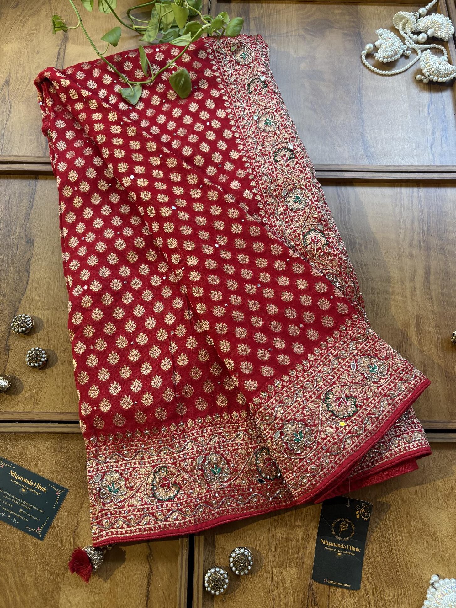Red Khaddi Georgette Heavy Aanchal Bridal Handwork Saree - Image 2