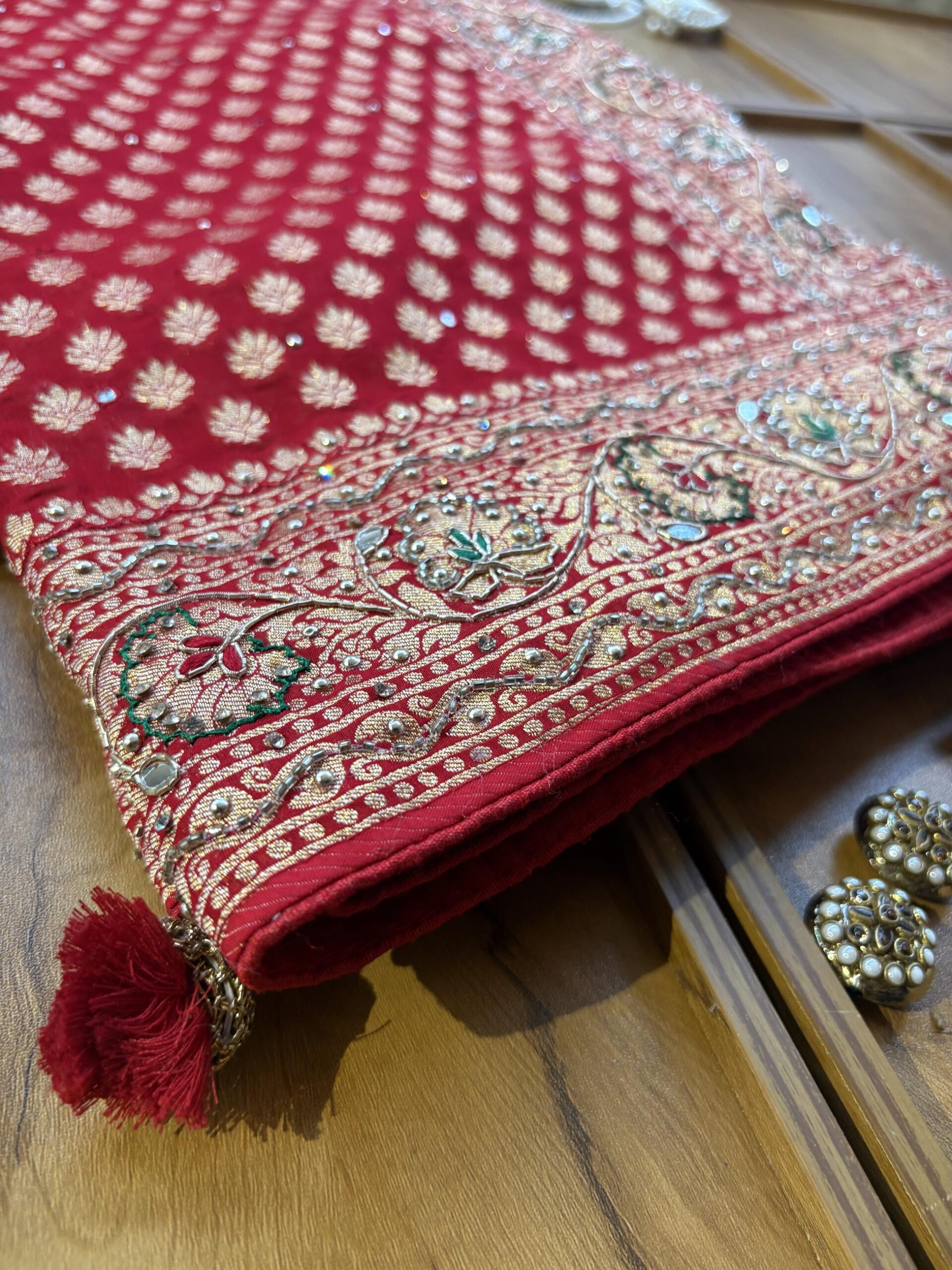 Red Khaddi Georgette Heavy Aanchal Bridal Handwork Saree - Image 3