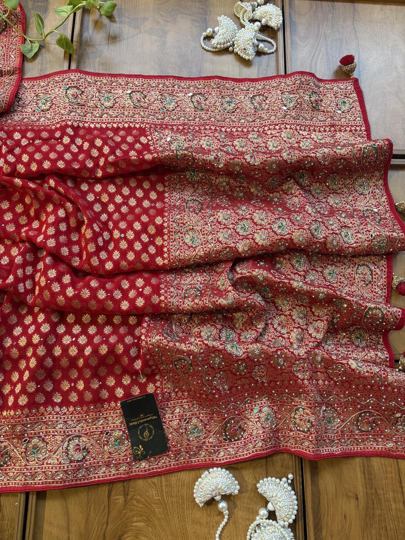 Red Khaddi Georgette Heavy Aanchal Bridal Handwork Saree - Image 4