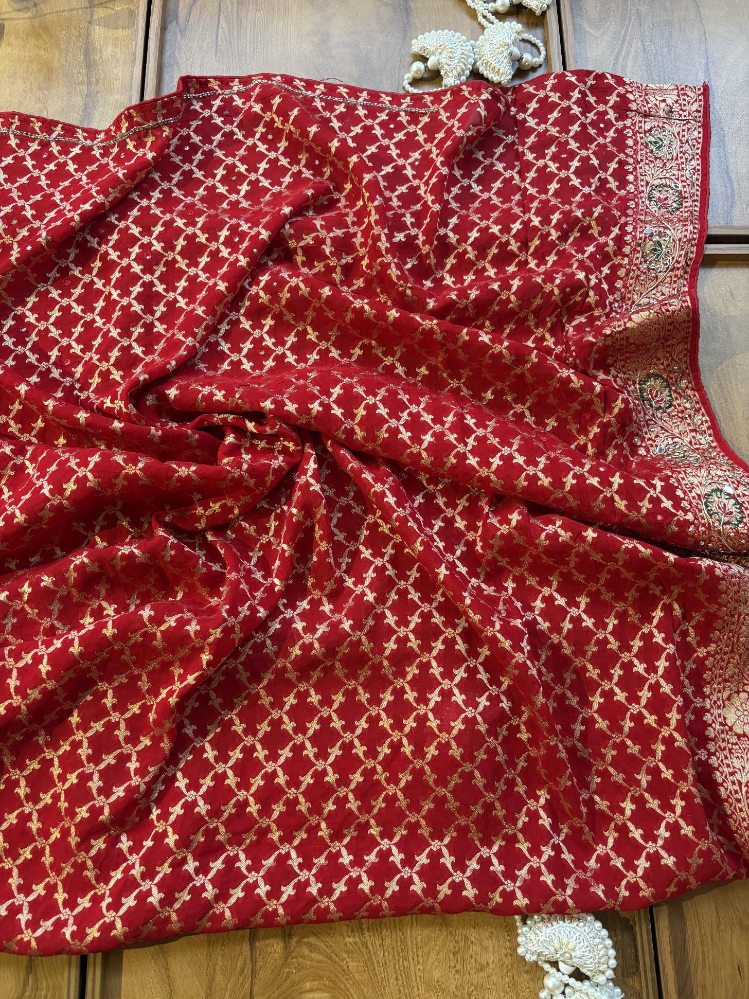 Red Khaddi Georgette Heavy Aanchal Bridal Handwork Saree - Image 5