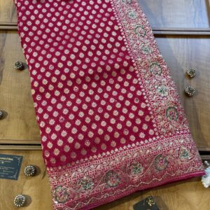 Magenta Pink Khaddi Georgette Heavy Aanchal Bridal Handwork Saree