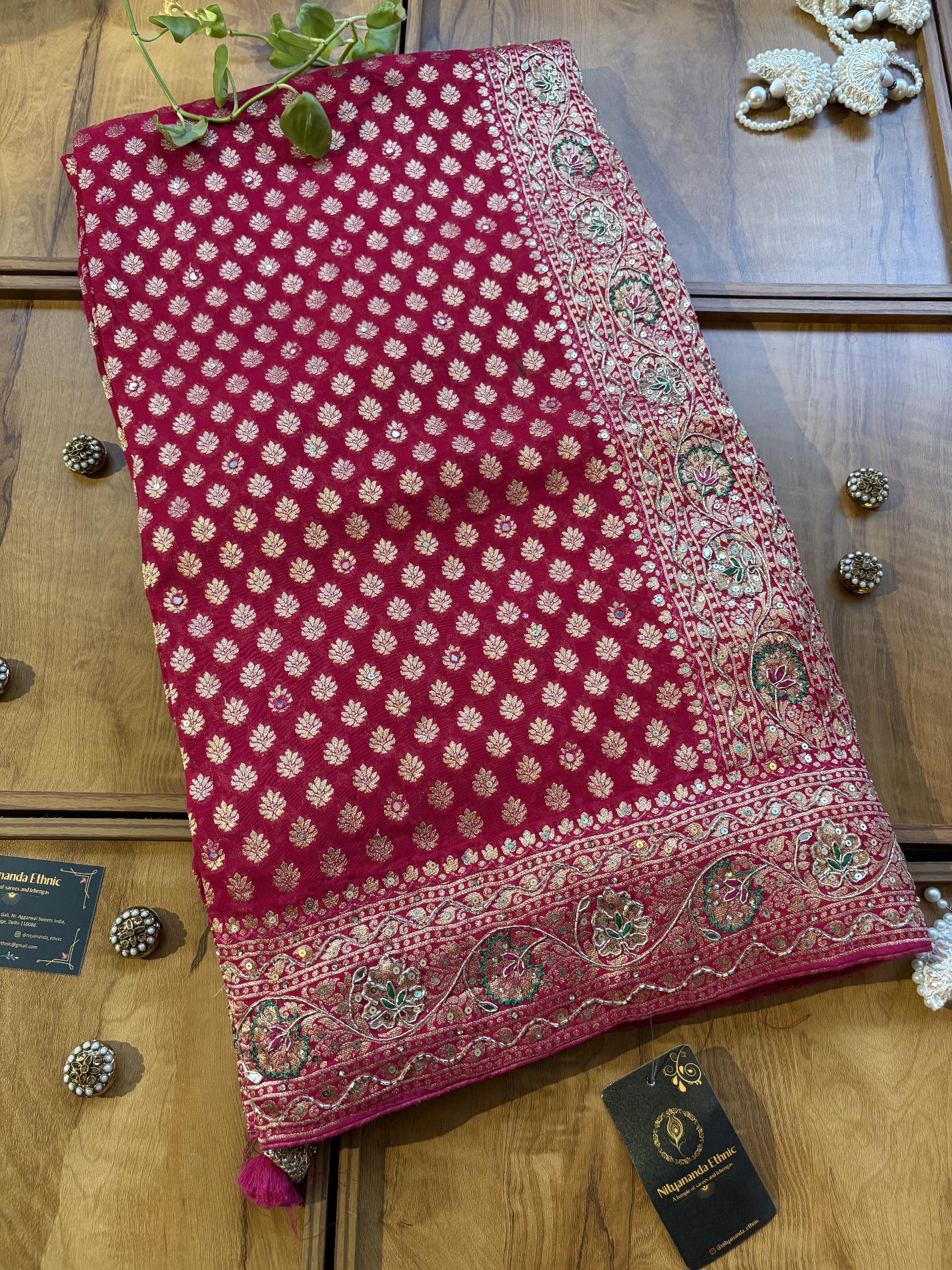 Magenta Pink Khaddi Georgette Heavy Aanchal Bridal Handwork Saree