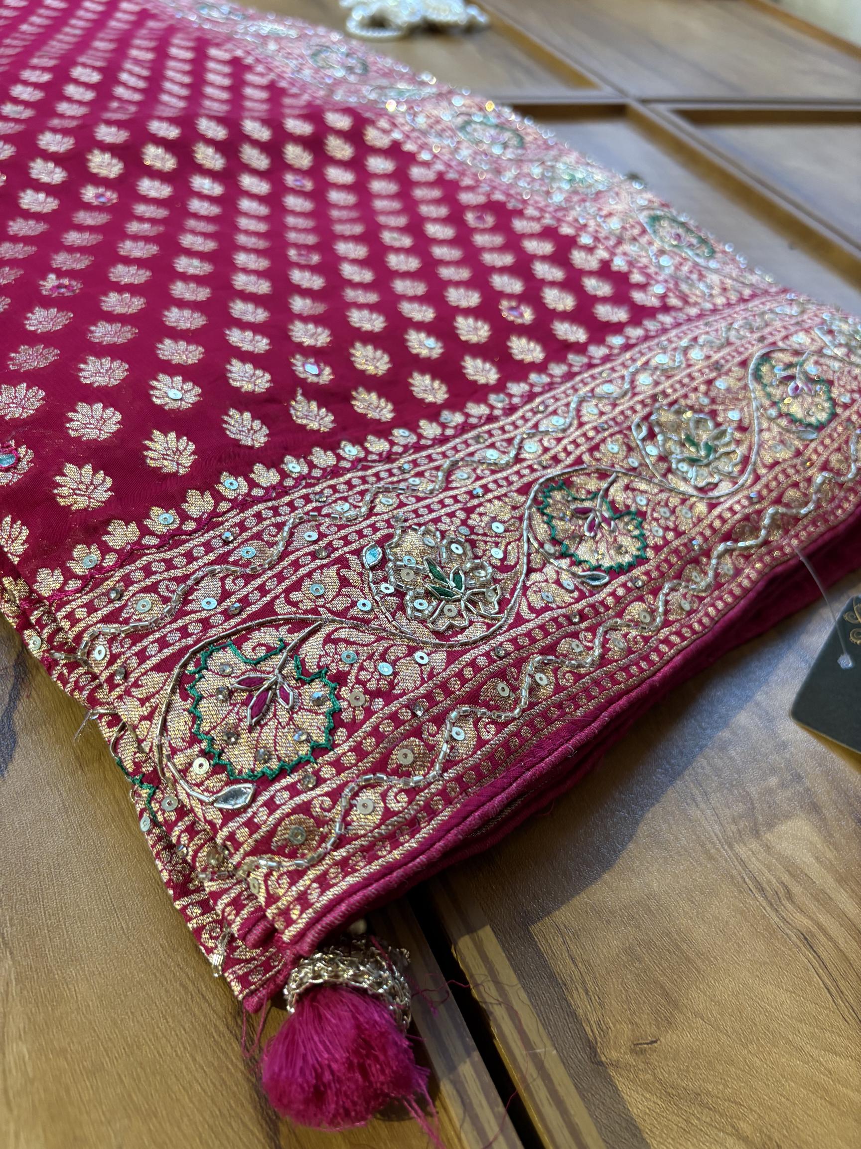 Magenta Pink Khaddi Georgette Heavy Aanchal Bridal Handwork Saree - Image 2