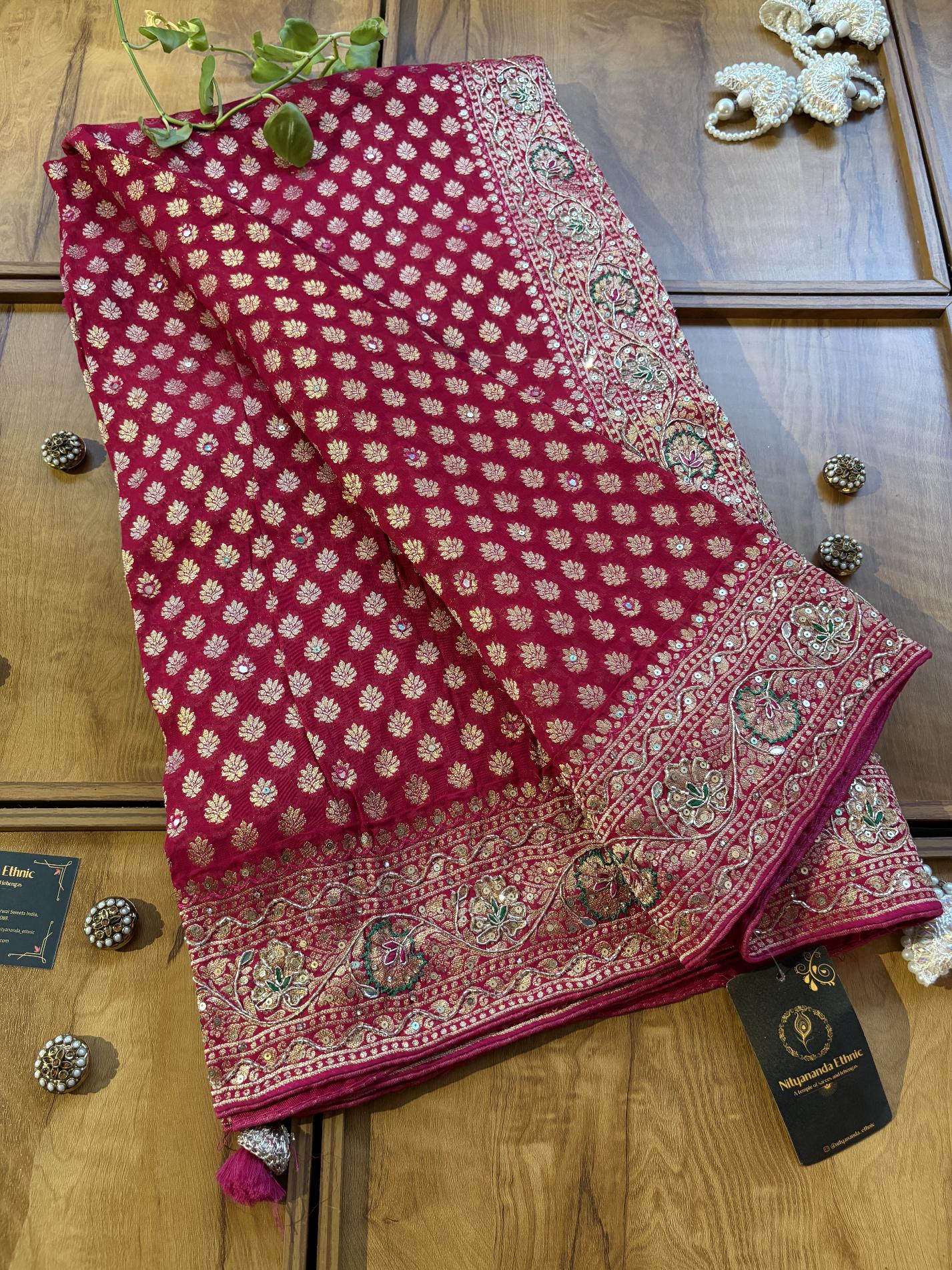 Magenta Pink Khaddi Georgette Heavy Aanchal Bridal Handwork Saree - Image 3