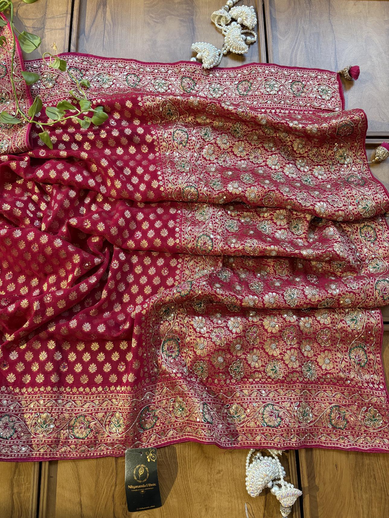 Magenta Pink Khaddi Georgette Heavy Aanchal Bridal Handwork Saree - Image 4