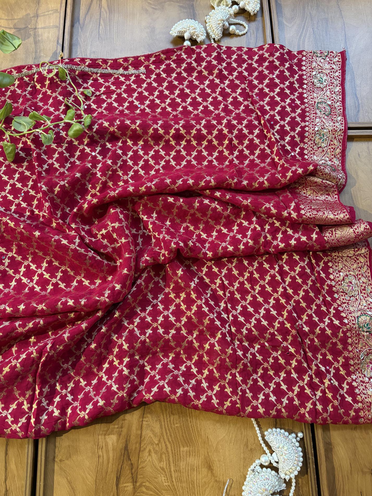 Magenta Pink Khaddi Georgette Heavy Aanchal Bridal Handwork Saree - Image 5