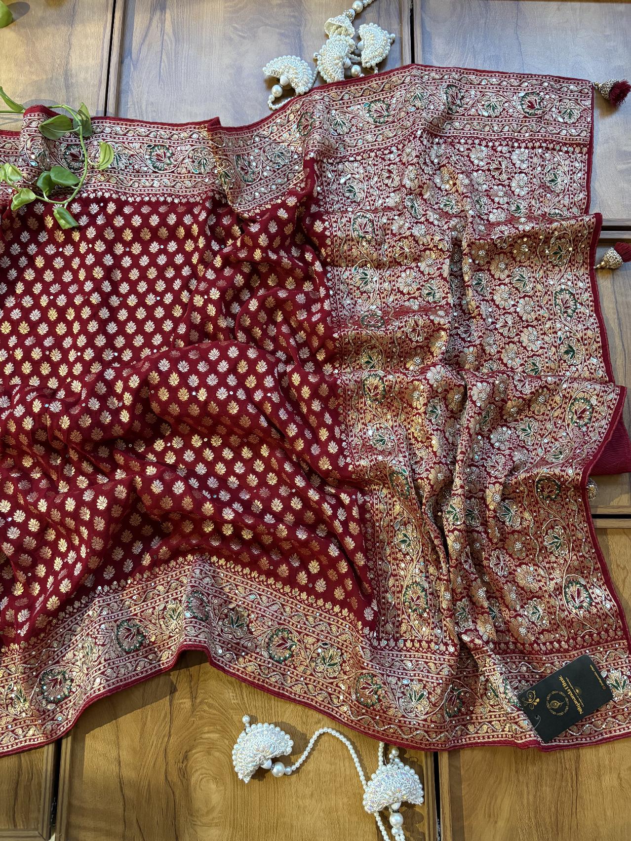 Maroon Khaddi Georgette Heavy Aanchal Bridal Handwork Saree - Image 4