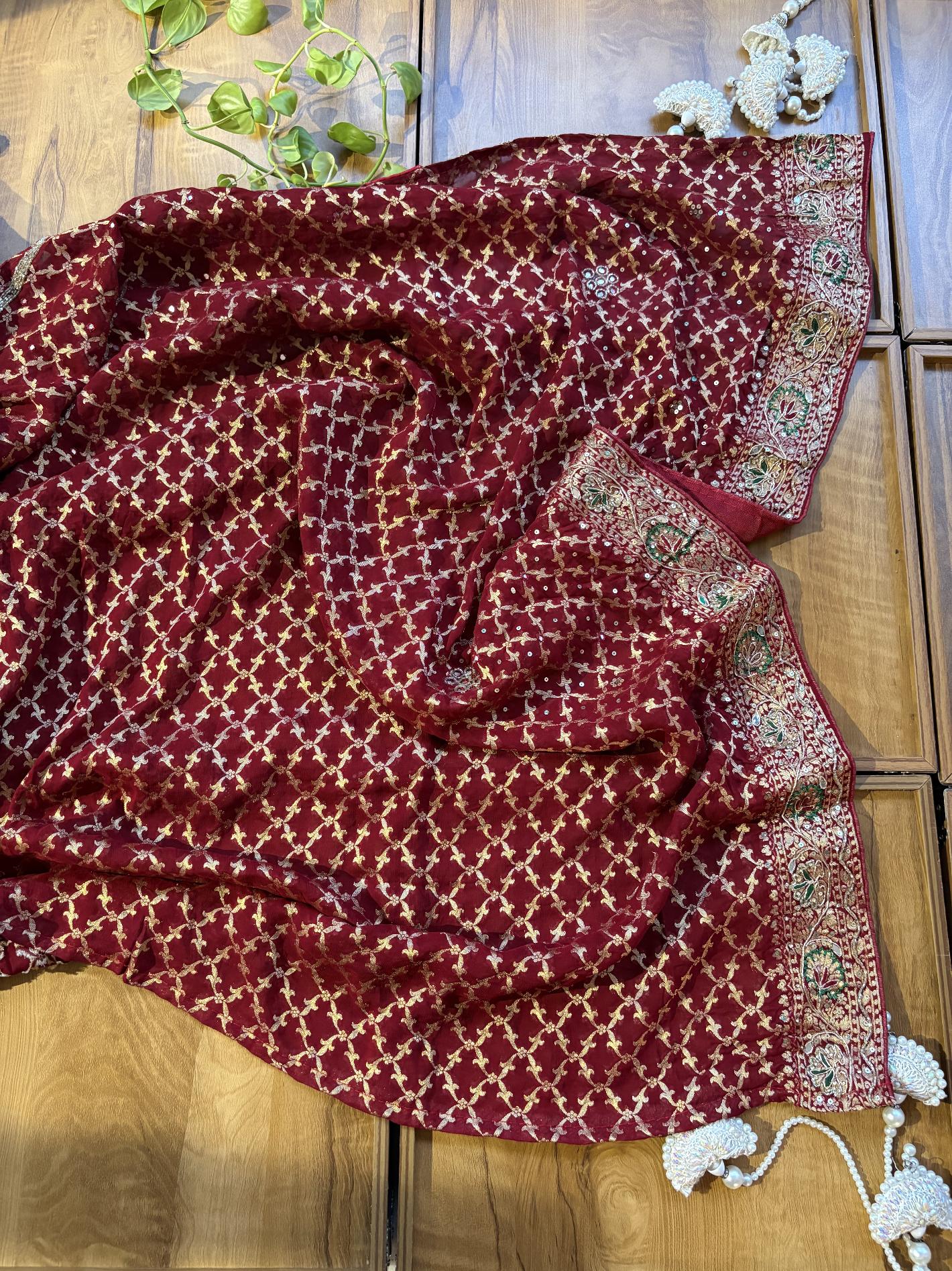 Maroon Khaddi Georgette Heavy Aanchal Bridal Handwork Saree - Image 5