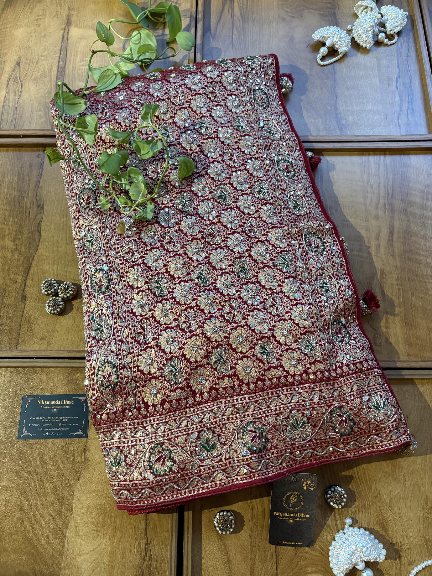Maroon Khaddi Georgette Heavy Aanchal Bridal Handwork Saree - Image 3