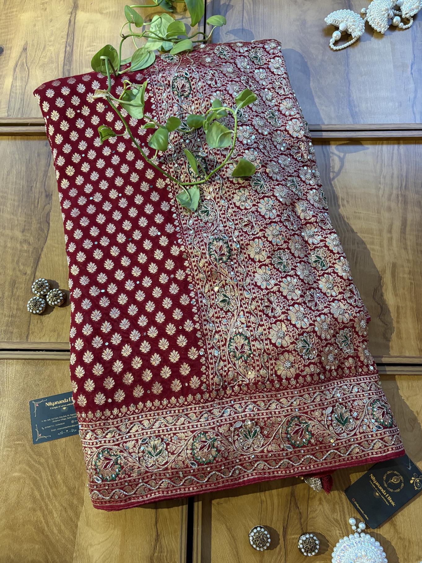 Maroon Khaddi Georgette Heavy Aanchal Bridal Handwork Saree