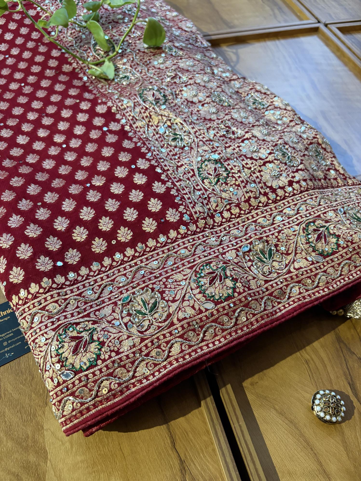 Maroon Khaddi Georgette Heavy Aanchal Bridal Handwork Saree - Image 2