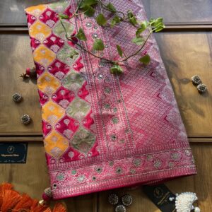 Cherry Red Satin Silk Woven Zari Meenakari Saree with Heavy Dupatta