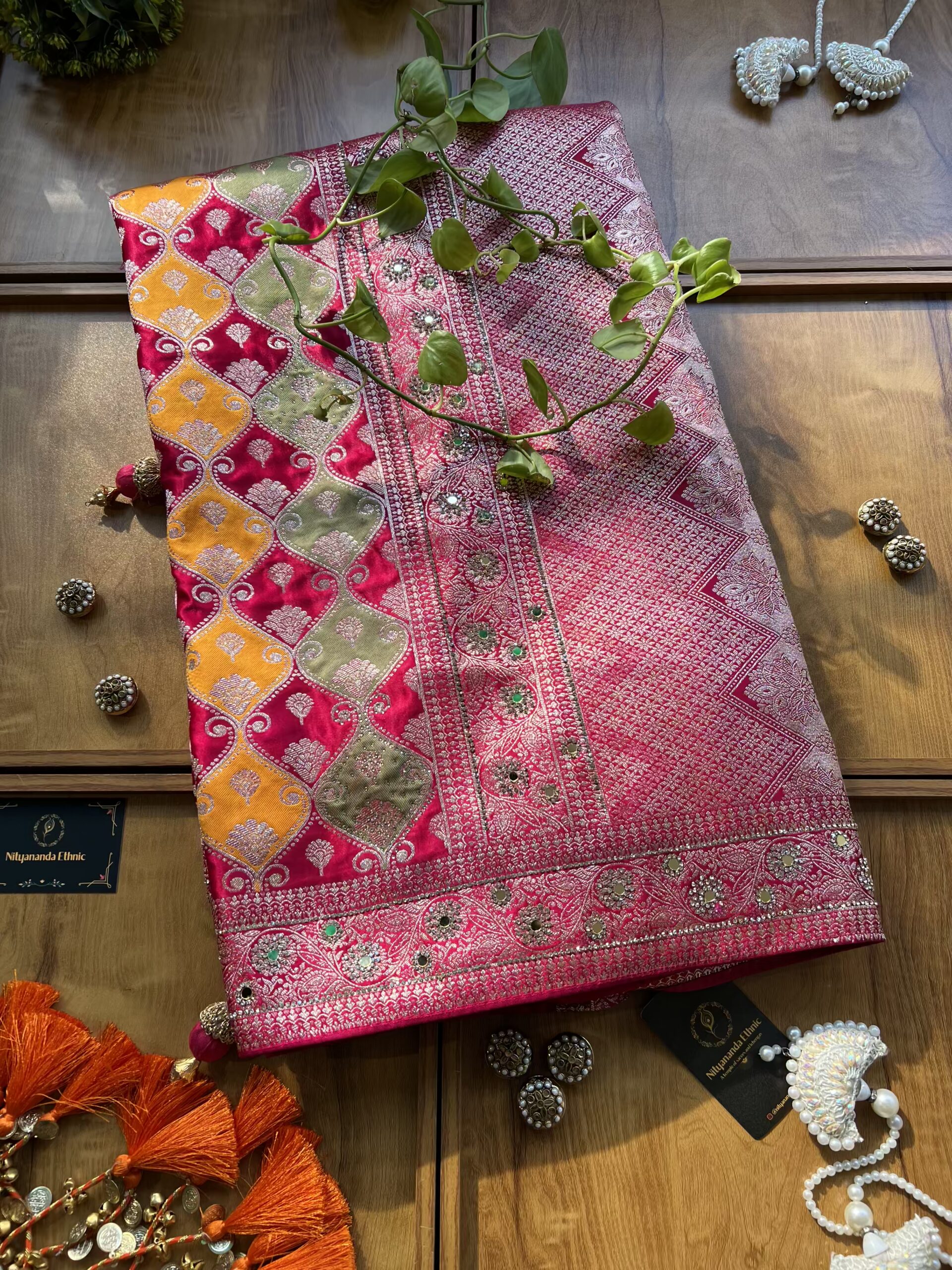 Cherry Red Satin Silk Woven Zari Meenakari Saree with Heavy Dupatta