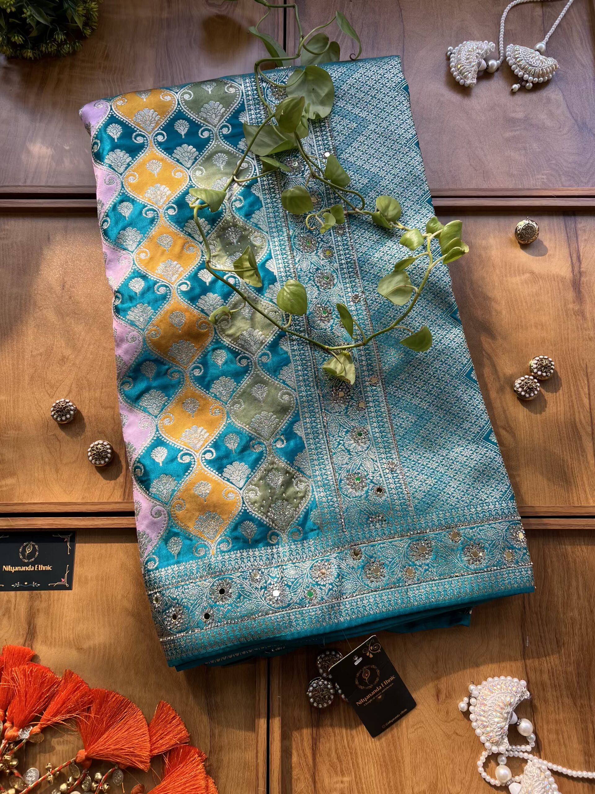 Firozi Blue Satin Silk Woven Zari Meenakari Saree with Heavy Dupatta - Image 2