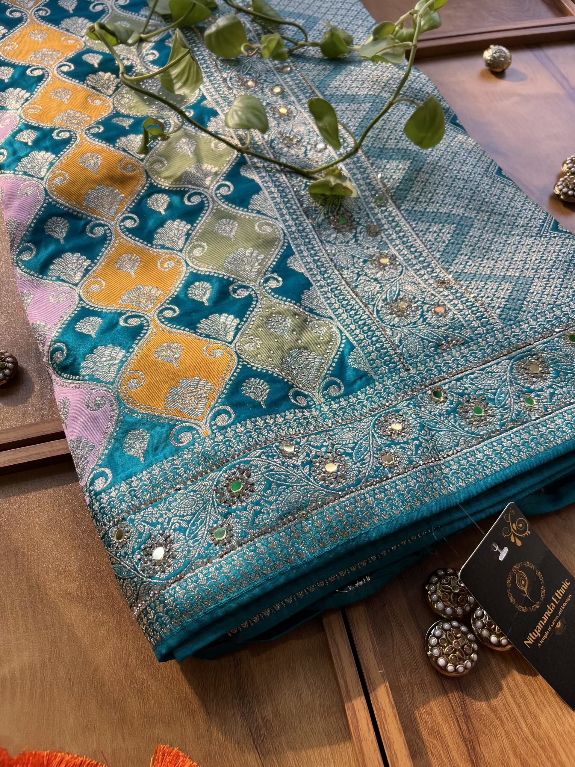 Firozi Blue Satin Silk Woven Zari Meenakari Saree with Heavy Dupatta - Image 3