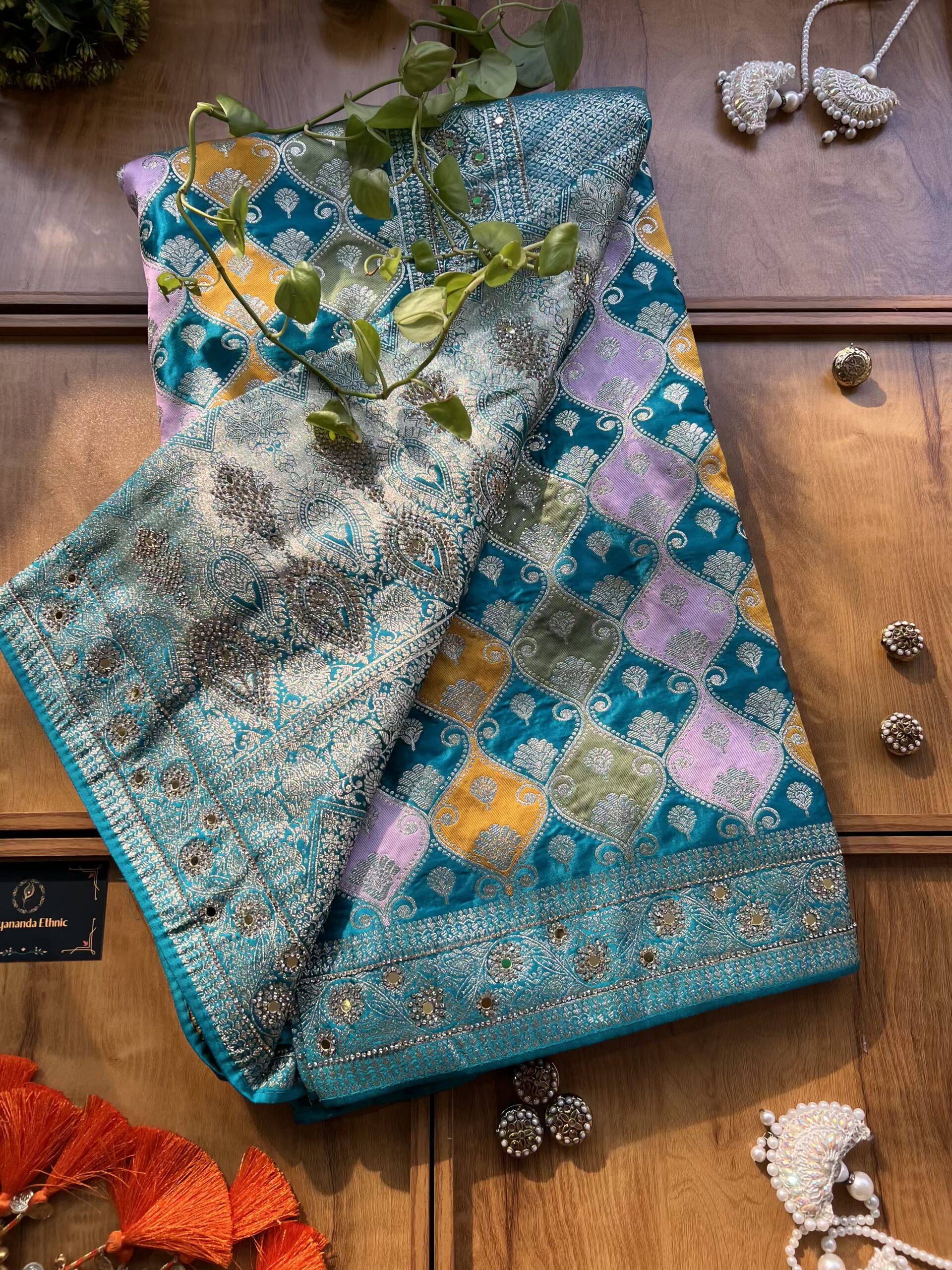 Firozi Blue Satin Silk Woven Zari Meenakari Saree with Heavy Dupatta - Image 4