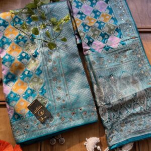 Firozi Blue Satin Silk Woven Zari Meenakari Saree with Heavy Dupatta