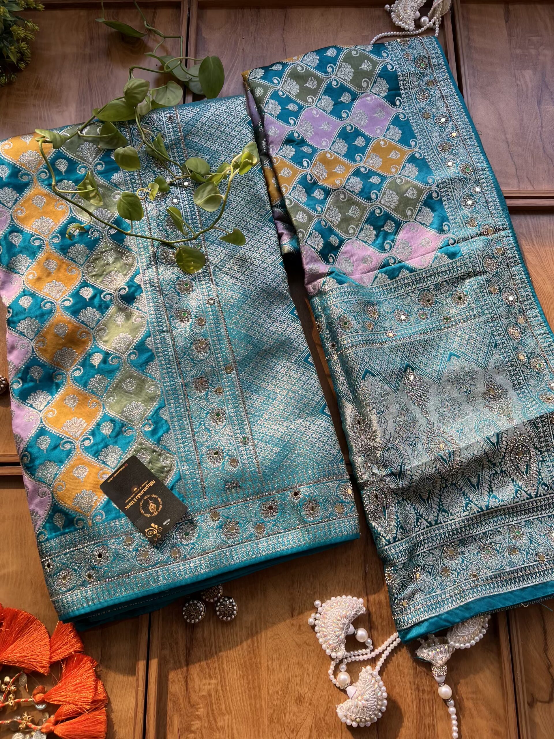 Firozi Blue Satin Silk Woven Zari Meenakari Saree with Heavy Dupatta